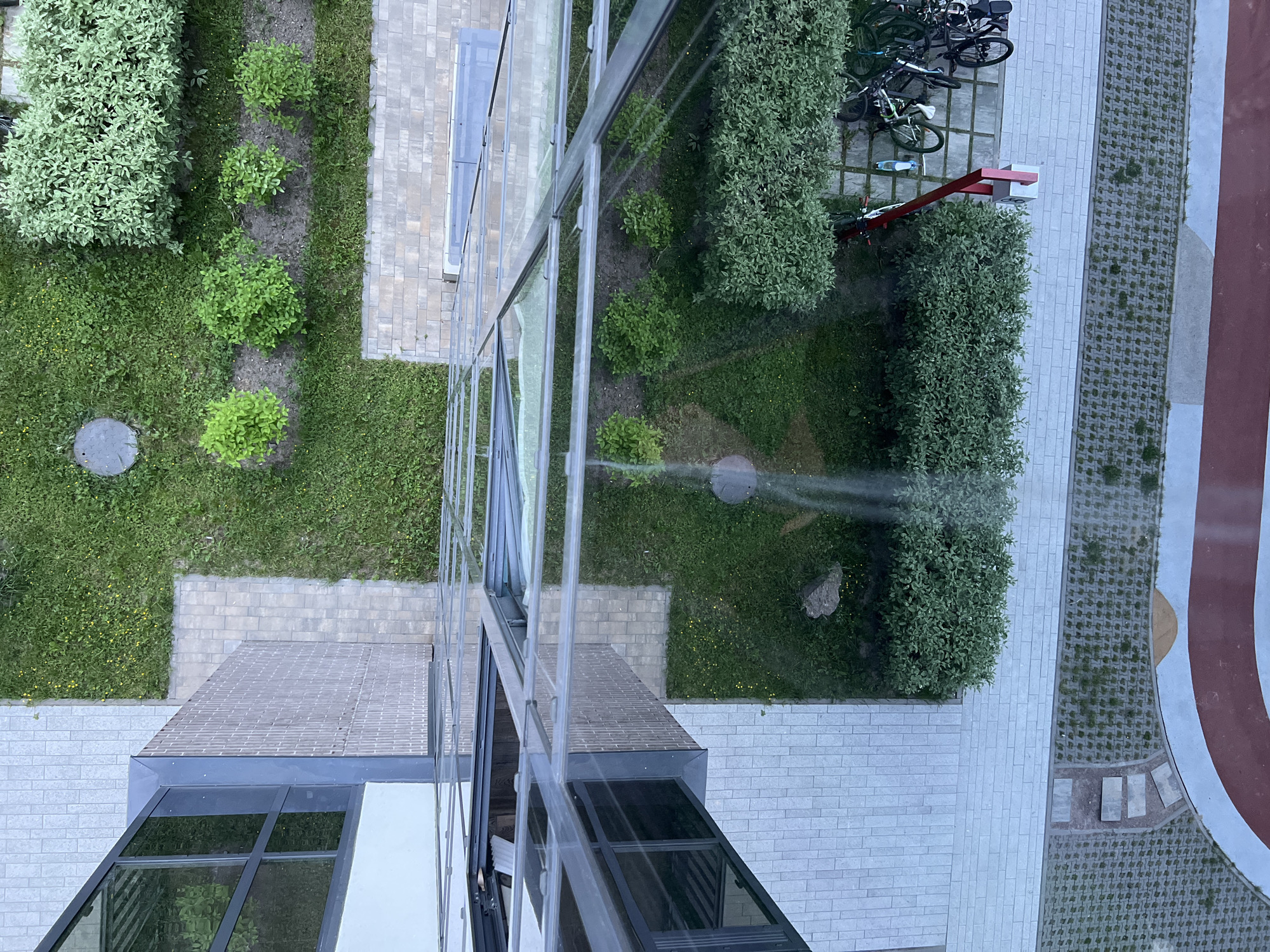 This image provides an overhead, slightly oblique view looking down from a multi-story building into an urban courtyard in Saint Petersburg, Russia. The immediate foreground is dominated by the reflection of the building's glass facade, characterized by a grid of dark-framed, transparent panels.
The courtyard below comprises a mix of architectural and natural elements. A modern building facade with large, dark-framed windows and light-colored, vertically paneled walls is visible along the left edge. The ground cover consists primarily of lush green grass, interspersed with small yellow flora. Light gray paved pathways, constructed from interlocking rectangular pavers, traverse the green areas. Some sections feature darker gray, textured paving, resembling stone or brick, particularly near the top right. In the lower part of the frame, a large expanse of gray concrete grass pavers is visible, allowing grass to grow through a grid. Adjacent to this is a curved section of a red-surfaced track, bordered by a lighter gray surface.
Landscaping includes various shrubs. Large, dense green bushes are present, with one cluster in the upper right exhibiting variegated light green and white leaves. Smaller, uniform green bushes are planted in rows within distinct patches of exposed dark soil.
Notable objects include two circular gray metal manhole covers embedded in the grass. A red, angular metal bicycle rack, supporting multiple parked bicycles, is situated on a paved area in the lower right. A single, irregular gray rock lies on a patch of grass near the center-right. A faint, elongated, bright streak is visible on a central grass patch. No people are visible. The scene is illuminated by soft, diffuse daylight, casting no harsh shadows, indicating an overcast sky or conditions typical of early morning or late afternoon. The overall environment appears well-maintained and orderly, indicative of a modern urban development.