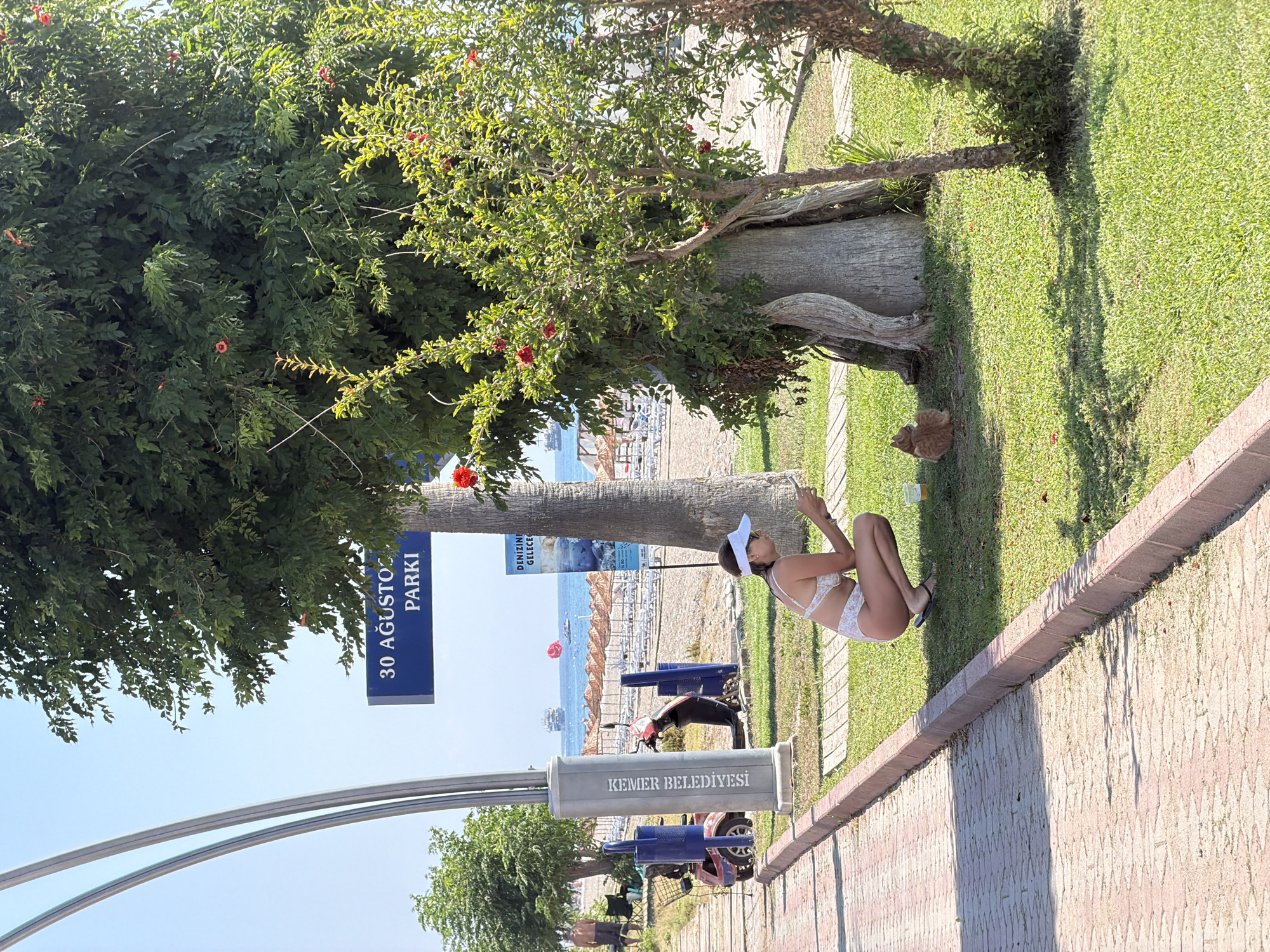 In Kemer, Turkey, along a tree-lined promenade bordering a beach, a woman in a white floral bikini and a white visor crouches on the grass. She holds a small object in her hand and appears to be examining it, possibly feeding a small, light-brown animal, likely a cat, that is situated in front of her. A plastic cup with a yellow liquid is to her right. The background reveals a sandy beach with rows of empty lounge chairs and umbrellas, the sea, and a large boat. A sign reads "30 AĞUSTOS PARKI" and another, smaller sign mentions "DENİZİN GELECEĞİ". A scooter and a municipal bin are visible to the left, near a lamppost with text on it. The area is illuminated by bright sunlight, casting shadows on the grassy terrain.