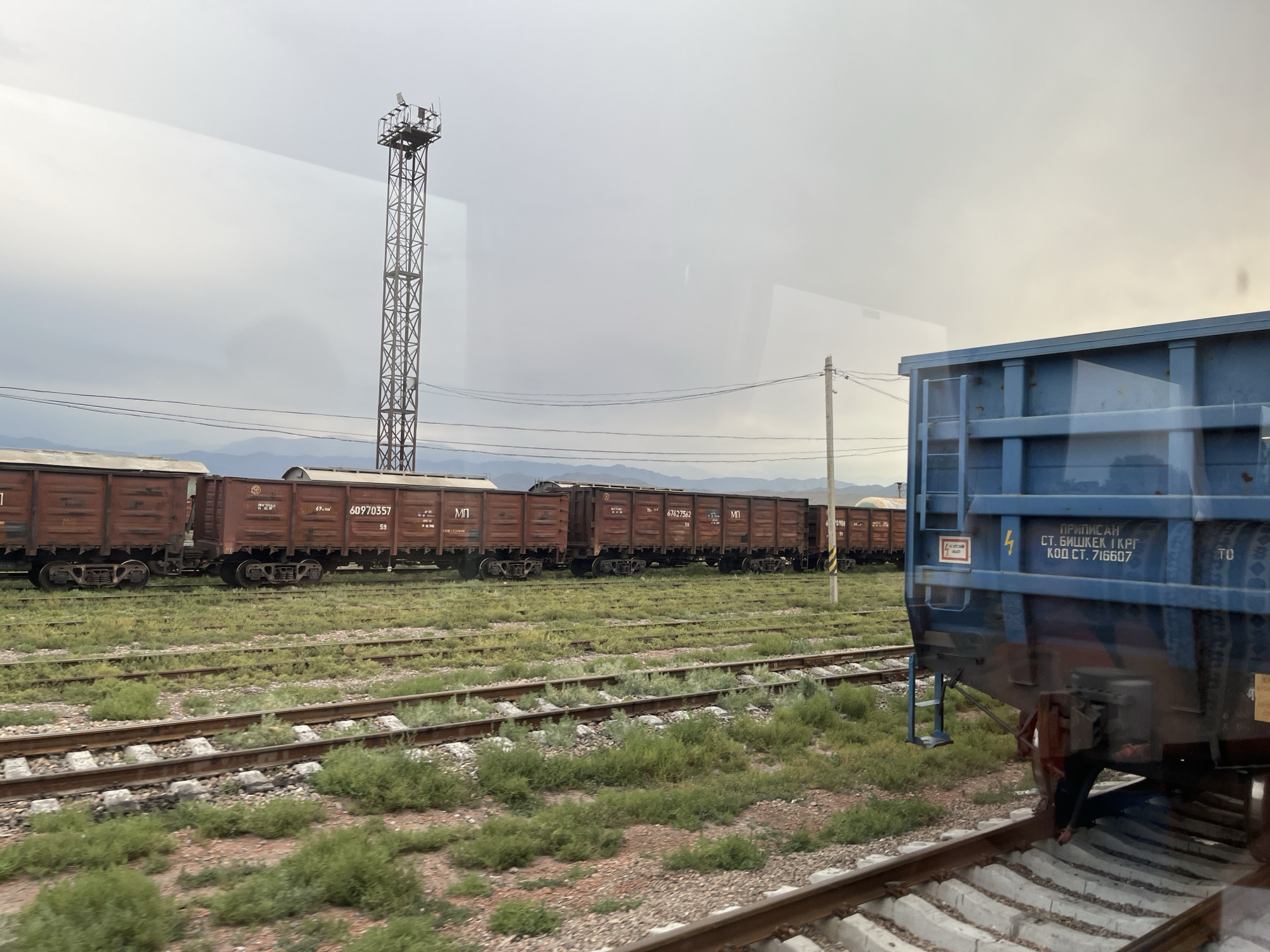This image captures a railway yard scene in Balykchy, Kyrgyzstan. In the foreground, train tracks stretch into the distance, flanked by patches of green grass and dry vegetation. A row of rusty brown freight cars is visible on a parallel track, displaying various numbers, including "60970357" and "67627562". Further to the right, a large blue freight car occupies a significant portion of the frame, featuring Cyrillic text that reads "ПРИПИСАН СТ. БИШКЕК | КРГ КОД СТ. 716607". A metal ladder is attached to the side of this blue car. In the background, a tall, lattice-like metal tower with equipment at its peak stands against a pale, overcast sky. Mountains are faintly visible on the horizon. The scene suggests a functional, industrial area with no people visibly present. The image appears to be taken from inside a moving vehicle, as evidenced by reflections on the glass.
