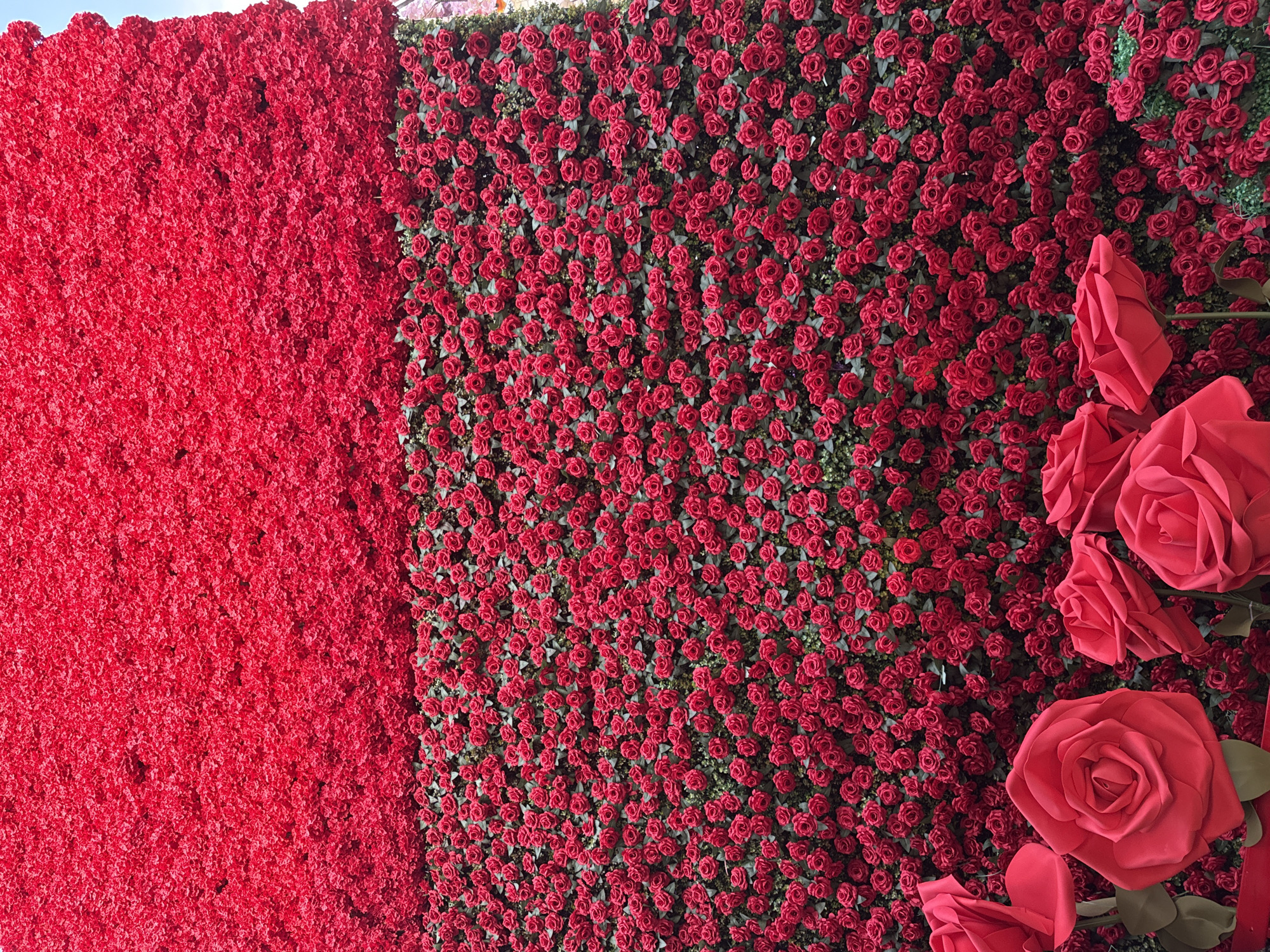 This is a full-shot, eye-level, vertical, outdoor image featuring a massive wall covered in red roses, likely artificial, at the Yiwu International Trade City in Yiwu, China. The wall is divided into two distinct sections. The upper portion is densely packed with smaller, uniform red roses. Below this, a second section also features a dense covering of smaller red roses, interspersed with dark green foliage. In the lower left and right corners, significantly larger, more detailed red roses are visible, some appearing to be made of fabric or similar material, adding a sense of depth and scale. The lighting suggests it is daytime, with a bright sky visible in the upper right corner. No people are visible in the image. The Yiwu International Trade City is a renowned global hub for commodity wholesale, and displays like this are common for attracting buyers and creating visually appealing storefronts.