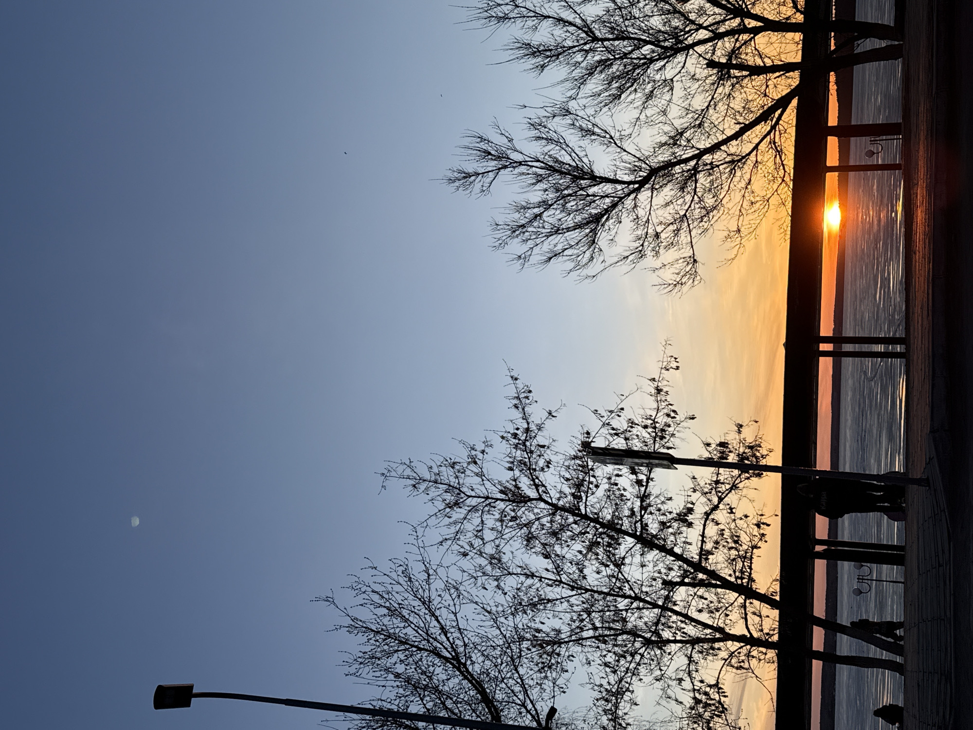 The image captures a sunset scene in Votkinsk, Russia, likely along the shore of the Votkinsk Reservoir. In the foreground, silhouettes of bare trees frame the scene against the vibrant sky. The sunset casts an orange and yellow gradient across the sky, reflecting on the water. Structures, possibly part of a boardwalk or pier, are visible on the right side, along with the silhouettes of people. To the left, a street light and the moon are silhouetted against the blue sky.