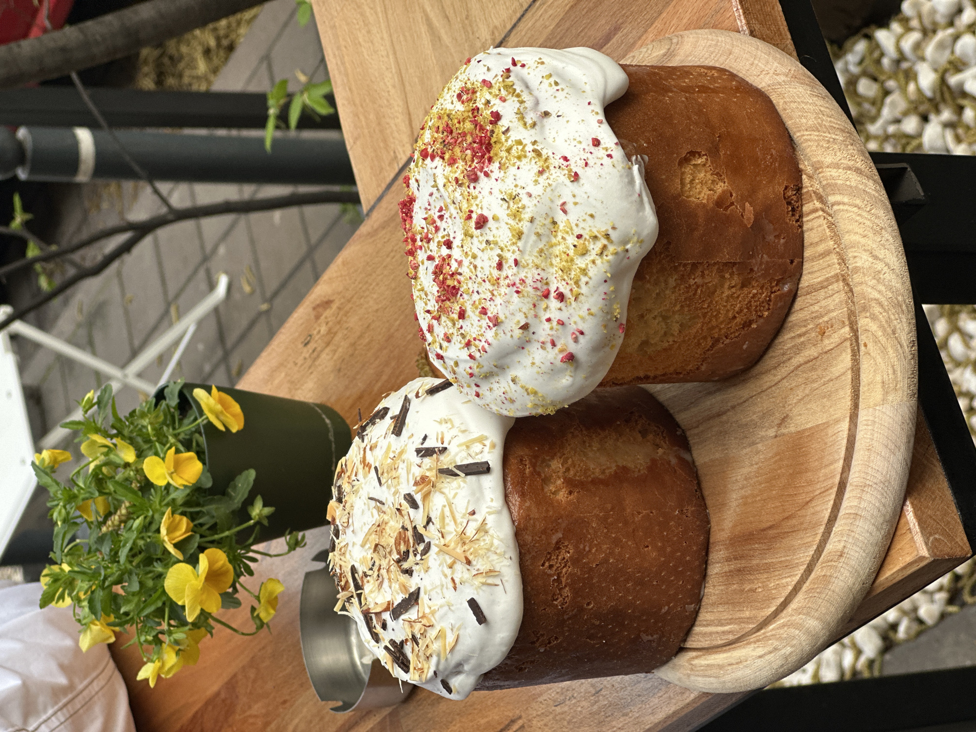 Here's a description of the image:
Two sweet bread pastries, likely kulich, sit on a wooden cutting board. One is topped with white frosting and sprinkles of red and green. The other has white frosting with what appears to be shredded coconut and small chocolate pieces. A small potted plant with yellow flowers sits next to the pastries. The setting appears to be outdoors, possibly a patio or outdoor cafe. The background shows a glimpse of a sidewalk or street with white pebbles. The location is Novi Sad, Serbia.