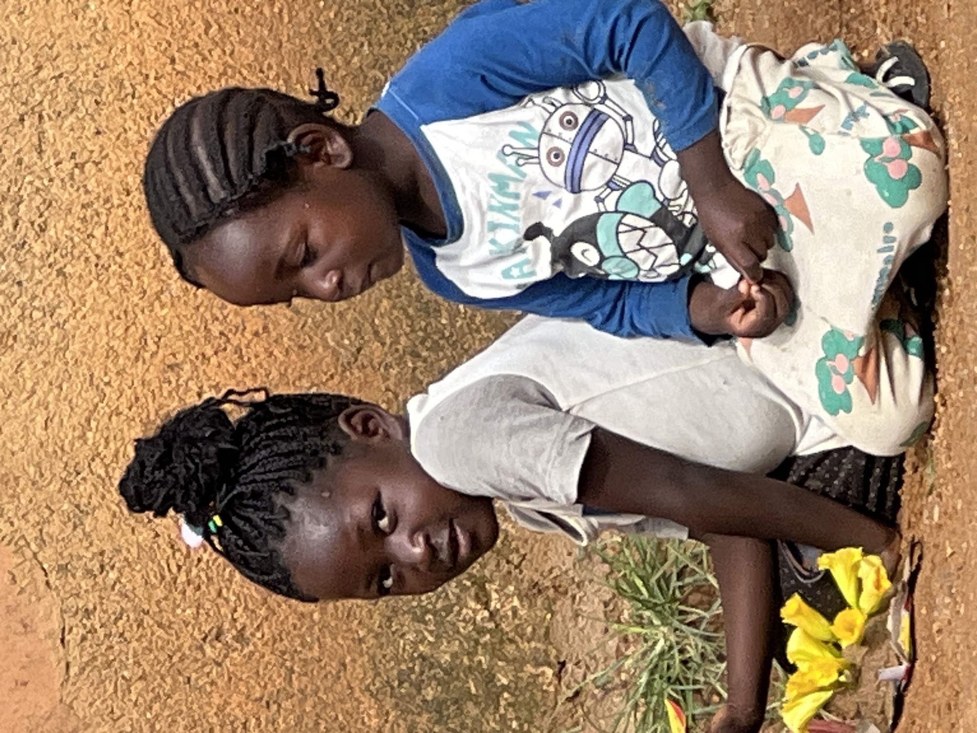 Two young Black children are sitting on the ground in front of a rough, textured, light brown wall. The child on the left, who appears to be a girl, has her dark hair in braids styled into a bun on top of her head, adorned with colorful beads. She is wearing a light gray t-shirt and is looking directly at the camera with a curious expression. In front of her on the ground are some bright yellow flowers, a small toy car, and a twig. The child on the right, who appears to be a boy, has his hair in cornrow braids. He is wearing a blue and white long-sleeved shirt with a cartoon robot graphic on the front and patterned pants featuring trees with pink and green fruits. He is looking off to the side, engaged in something unseen. The ground is covered in reddish-brown dirt with some patches of dry grass and small plants. The overall impression is of an outdoor scene, possibly in a residential or informal settlement area within Jos, Nigeria.