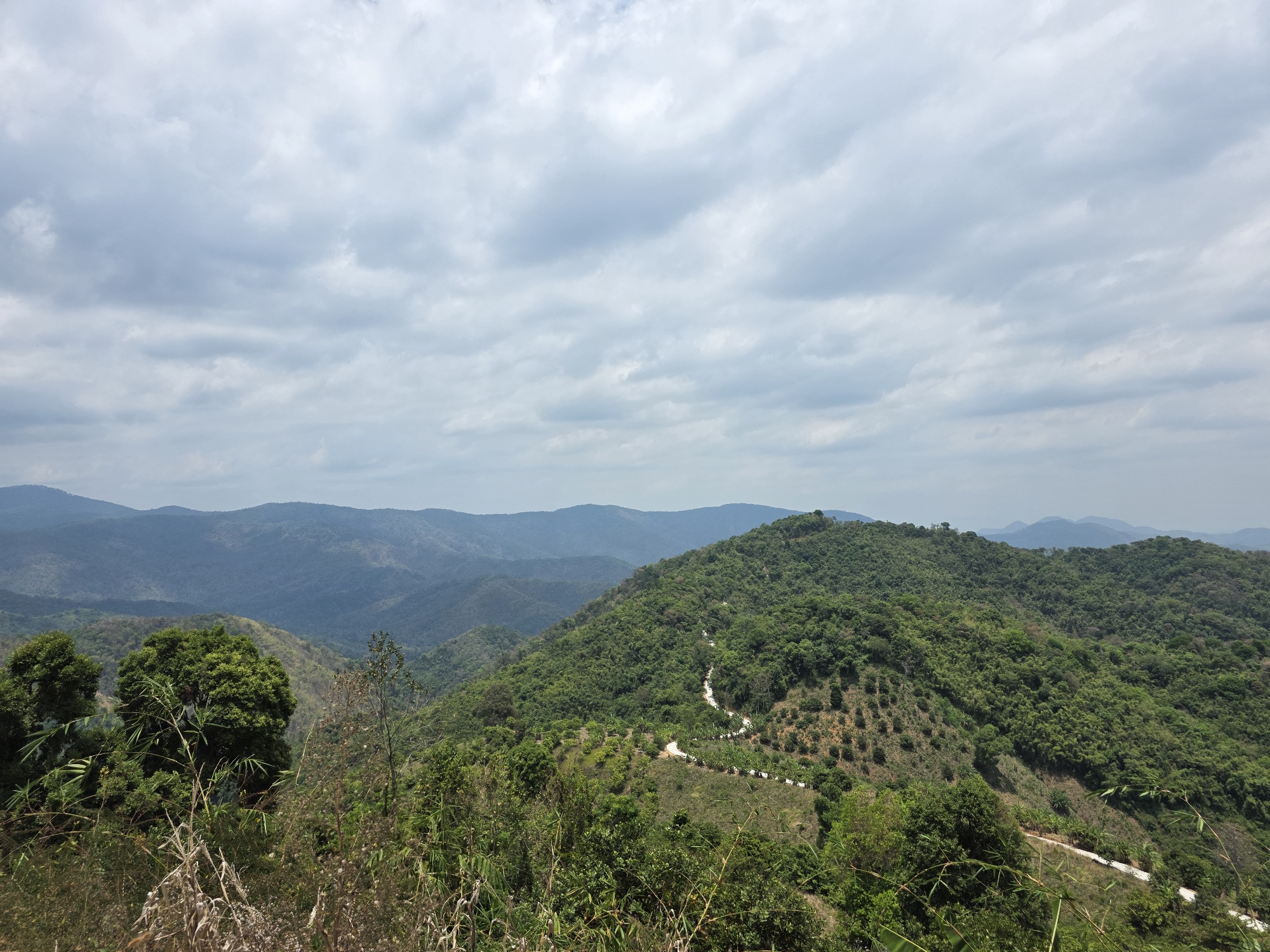 The image depicts a mountainous landscape in Son Dien, Vietnam. The foreground features lush green vegetation and trees. A winding, unpaved road is visible on the side of a hill. Further in the background, multiple layers of hills and mountains fade into the distance. The sky is overcast with gray and white clouds. No people or animals are visible in the scene. The environment suggests a rural, natural setting.