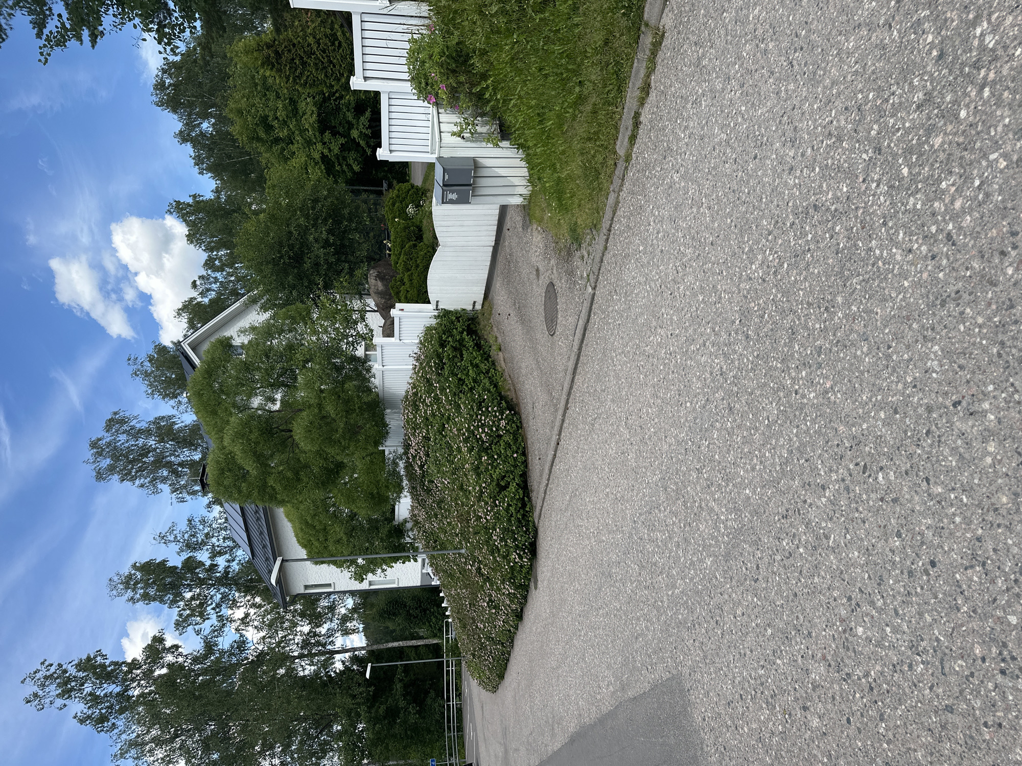 The image shows a residential street in Riihimäki, Finland, on a sunny day with scattered clouds. A white house with a dark roof and solar panels is visible behind a large, dense bush with pink flowers that curves along the driveway. A white wooden gate, partially open, leads to the property, flanked by a white picket fence. Two grey mailboxes are mounted on a post near the gate. The driveway appears to be paved, and there is a manhole cover on the ground. Lush green trees and grass surround the property and the house. The street in the foreground is asphalt.