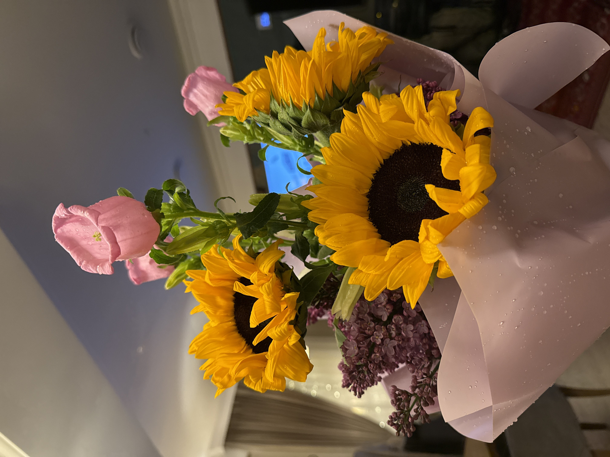 A bouquet of flowers including sunflowers and pink bellflowers wrapped in light purple paper is pictured indoors. The location and city of Moscow, Russia, cannot be determined from the image.