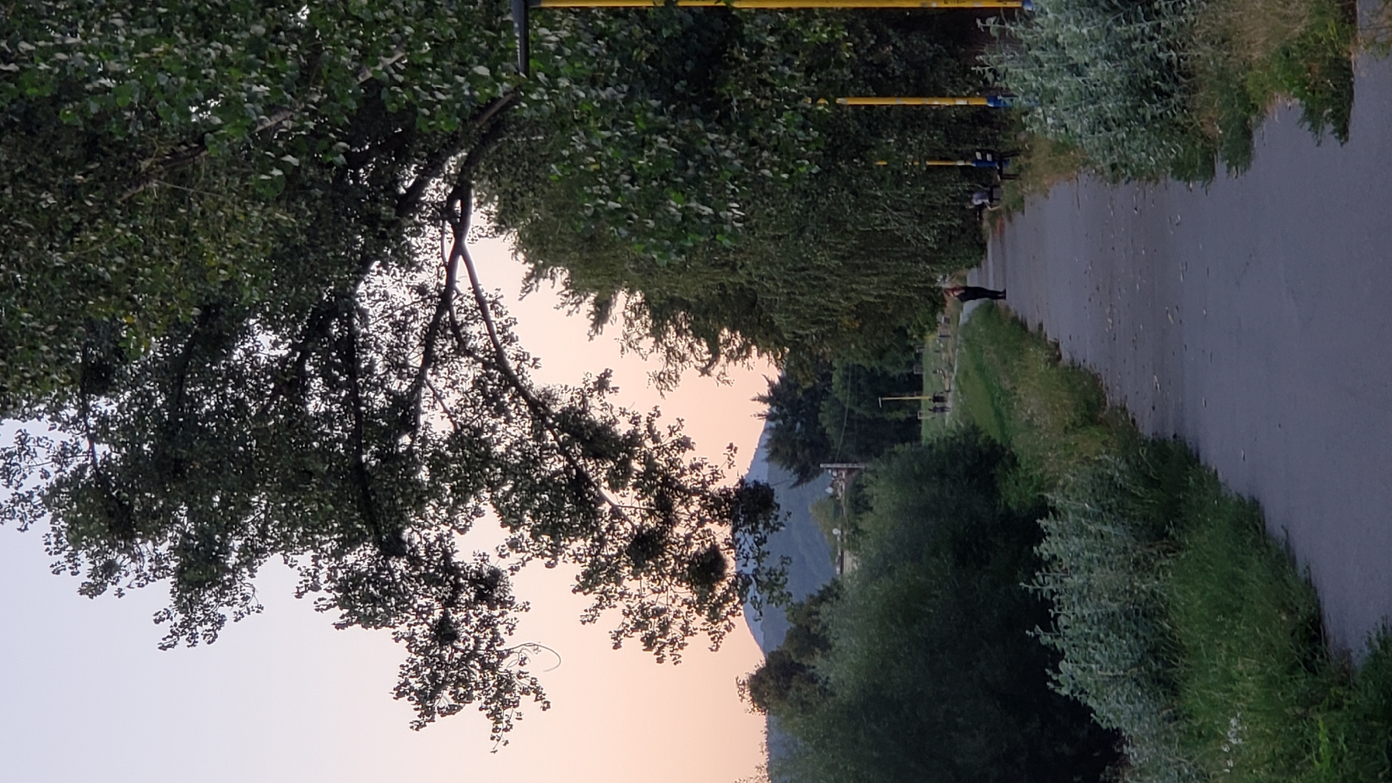 The image depicts a pathway in Prešov, Slovakia, likely in a park or along a riverbank. The pathway is paved and curves gently, bordered by lush green vegetation on the left and a dense line of trees on the right. A mature tree with dark green foliage extends its branches over the pathway from the upper left corner, partially obscuring a soft, pale orange sky. In the distance, a silhouette of a mountain range is visible against the sky.
Several individuals are present. One person is walking away from the camera down the pathway, their back to the viewer. Further ahead, two more individuals are walking in the same direction. On the right side of the pathway, near the trees, a person is seated on a bench, and another person stands nearby. Yellow lampposts are intermittently placed along the right side of the pathway, suggesting it's a well-maintained public area. The overall scene suggests a calm, late afternoon or early evening atmosphere.