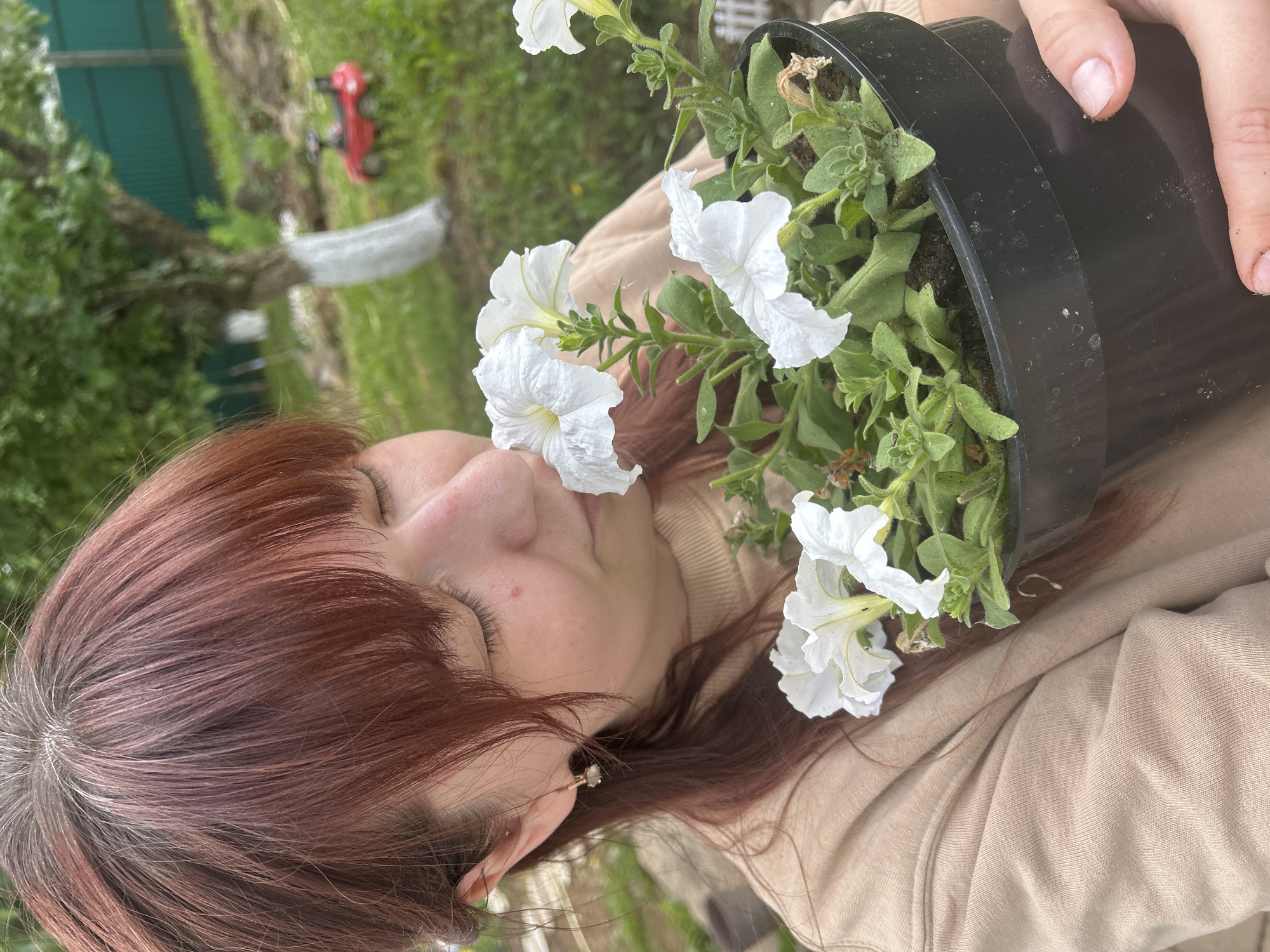 A woman with reddish-brown hair is holding a black flower pot containing white petunias close to her face, appearing to smell or appreciate the flowers. She is wearing a beige sweater. The scene is outdoors with green foliage in the background, and a red toy vehicle is visible further in the distance, possibly in a yard or garden. The specific location in Фоки, Russia cannot be determined from the image.