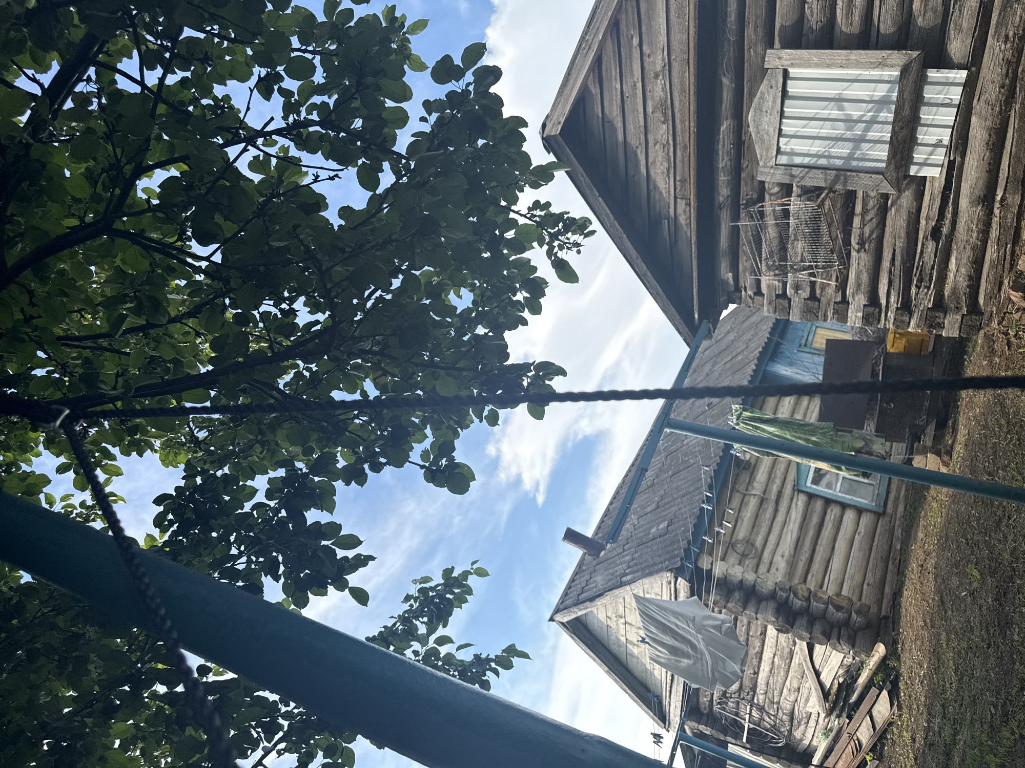 In Чуй-Атасево, Russia, an outdoor scene depicts two rustic wooden log houses under a bright blue sky with scattered clouds. Lush green tree foliage partially obscures the view from above, with branches and leaves dominating the upper portion of the image. A thick, dark rope hangs vertically in the foreground, likely part of a swing set or similar structure, casting a shadow on the ground.
The house on the left, with a gray, weathered roof, has laundry drying on a clothesline in front of it, including a large white sheet. A small blue-painted structure is visible behind it, and the log construction of the house is prominent, showing the rough-hewn texture of the timber. A narrow, blue-framed window can be seen.
The house on the right, also constructed of dark, aged logs, features a wooden-framed window with vertical, corrugated metal slats. Above the window, a rusty metal rack is affixed to the wall. The ground in front of both houses appears to be dirt and dry grass. The overall impression is one of a rural, possibly dated, residential area.