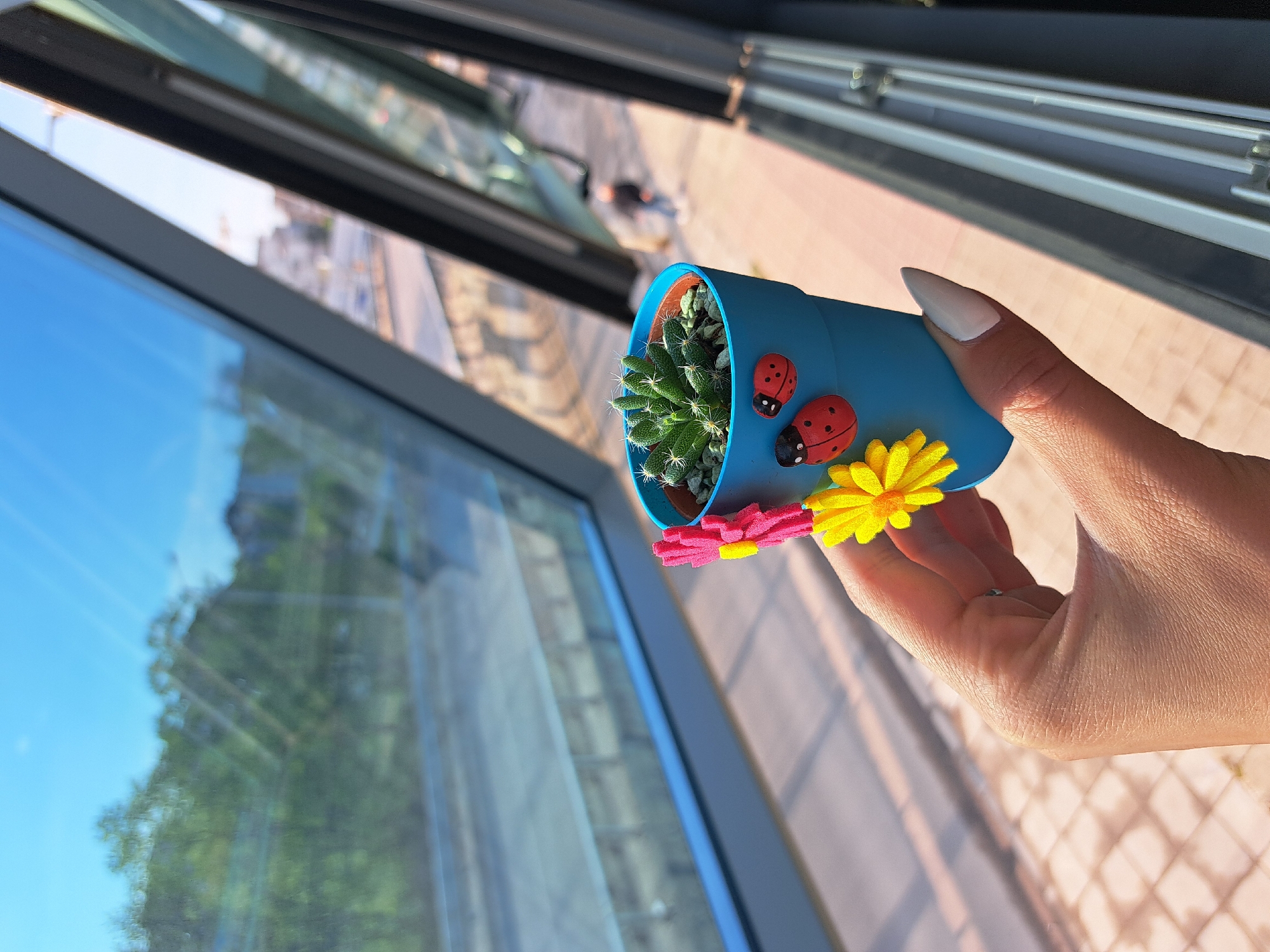A hand, featuring a pointed white manicure, holds a small, decorative potted plant. The plant is a spiky green cactus or succulent, initially in a terra cotta pot, which is placed inside a vibrant blue outer pot. This blue pot is adorned with two red and black ladybug decorations and two felt-like flowers, one bright yellow and the other a striking pink/magenta.
The scene is viewed from an elevated perspective, looking out through a window or balcony. Dark grey or black window frames are visible across the upper portion of the image. Beyond the frames, a clear, bright blue sky is evident, along with blurred reflections of green foliage. The background, largely out of focus, shows an urban or semi-urban landscape from above, with indistinct buildings and what appears to be a paved or tiled area below. The lighting suggests it is daytime, with direct sunlight illuminating the hand and the potted plant, creating visible shadows. No text is visible in the image.