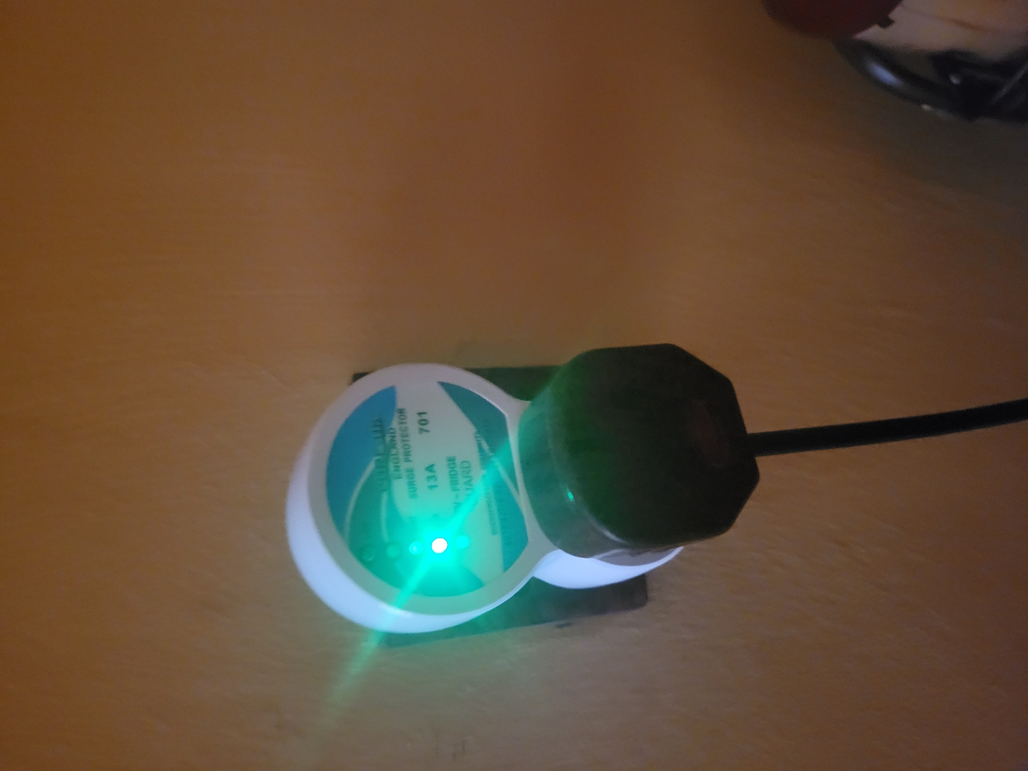 A surge protector is plugged into a wall outlet. The surge protector is white with a teal and white label. The label indicates "SURGE PROTECTOR" and "13A". There is a green light illuminated on the surge protector. The wall behind the surge protector is a textured, light brown color. The bottom of the surge protector is obscured by a black plug.