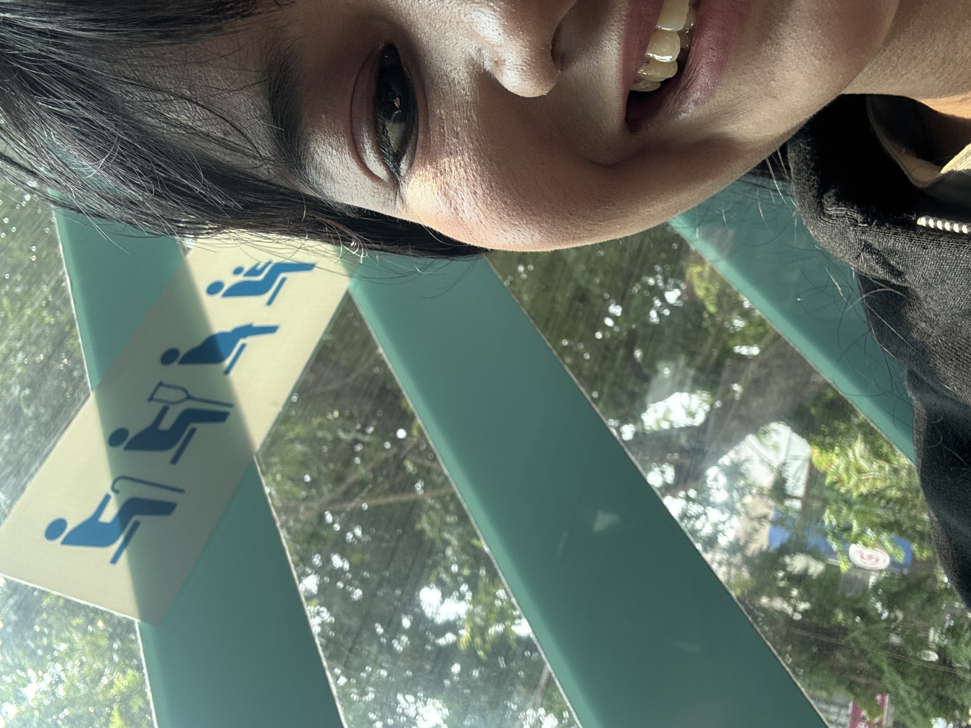 A close-up selfie shows the right half of a young woman's face, smiling, with her dark hair falling around her face and shoulders. She is wearing a black hooded jacket. Behind her, a sign with blue pictograms depicting people seated and some with walking aids is visible. The sign is positioned on a diagonal, against a backdrop of out-of-focus green foliage and trees, suggesting an outdoor or public transportation setting. The overall lighting indicates it is daytime. The scene is consistent with a location in North Jakarta, Indonesia, possibly on public transport or at a waiting area with such signage.