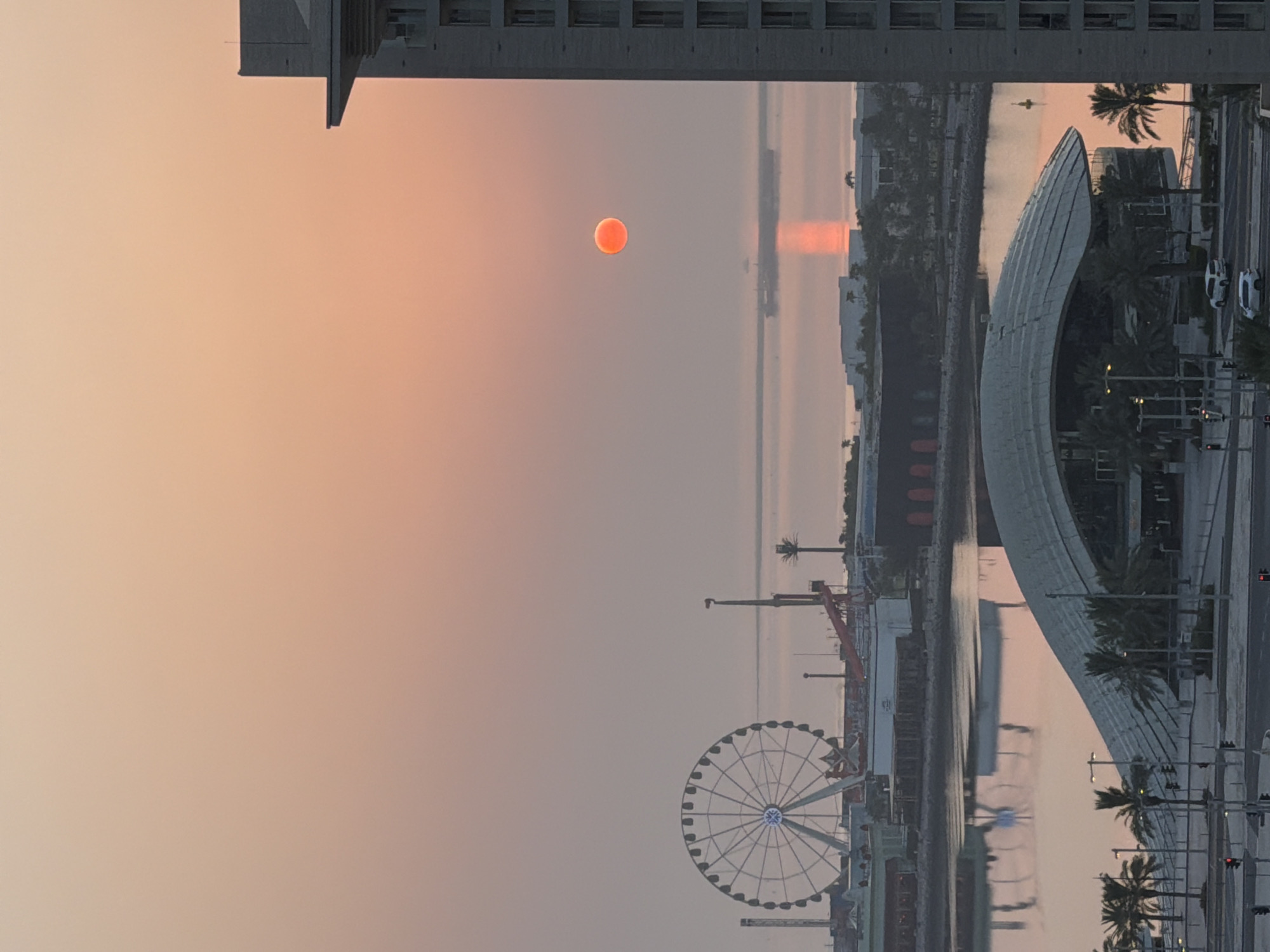 This is a vertical, eye-level shot of a waterfront city scene during sunrise or sunset. The sky is a soft gradient of peach and pink, with a vibrant orange sun visible in the upper right quadrant. A large ferris wheel with white spokes is located in the mid-left of the image, near a body of water. Several buildings, some with dark facades and others lighter, are visible along the waterfront. In the foreground, a modern, curved architectural structure with a light-colored roof dominates the lower part of the frame. Palm trees are scattered throughout the scene. The water reflects the colors of the sky and the surrounding structures. A tall, modern building with many windows is present on the right side of the image, partially obscuring the view. Cars are visible on a street in the lower portion of the image, indicating a populated urban environment in Lusail, Qatar.