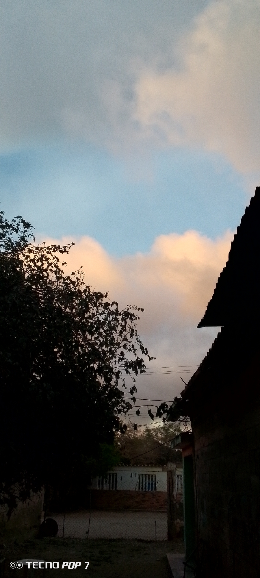 The image depicts an outdoor scene, likely in Altagracia, Venezuela, with a focus on the sky and foreground elements. The sky is a gradient of light blue with scattered clouds, some illuminated with a soft orange hue, suggesting either sunrise or sunset. In the foreground, silhouetted against the sky, is the dark foliage of a tree on the left and the angled roofline of a building on the right. The building appears to be constructed of brick, with a corrugated metal roof. Below the tree and building, a fence encloses a yard with some vegetation. In the background, partially obscured by darkness and the fence, are structures that resemble houses or small buildings. A watermark at the bottom left corner reads "TECNO POP 7". There are no people visible in the image.