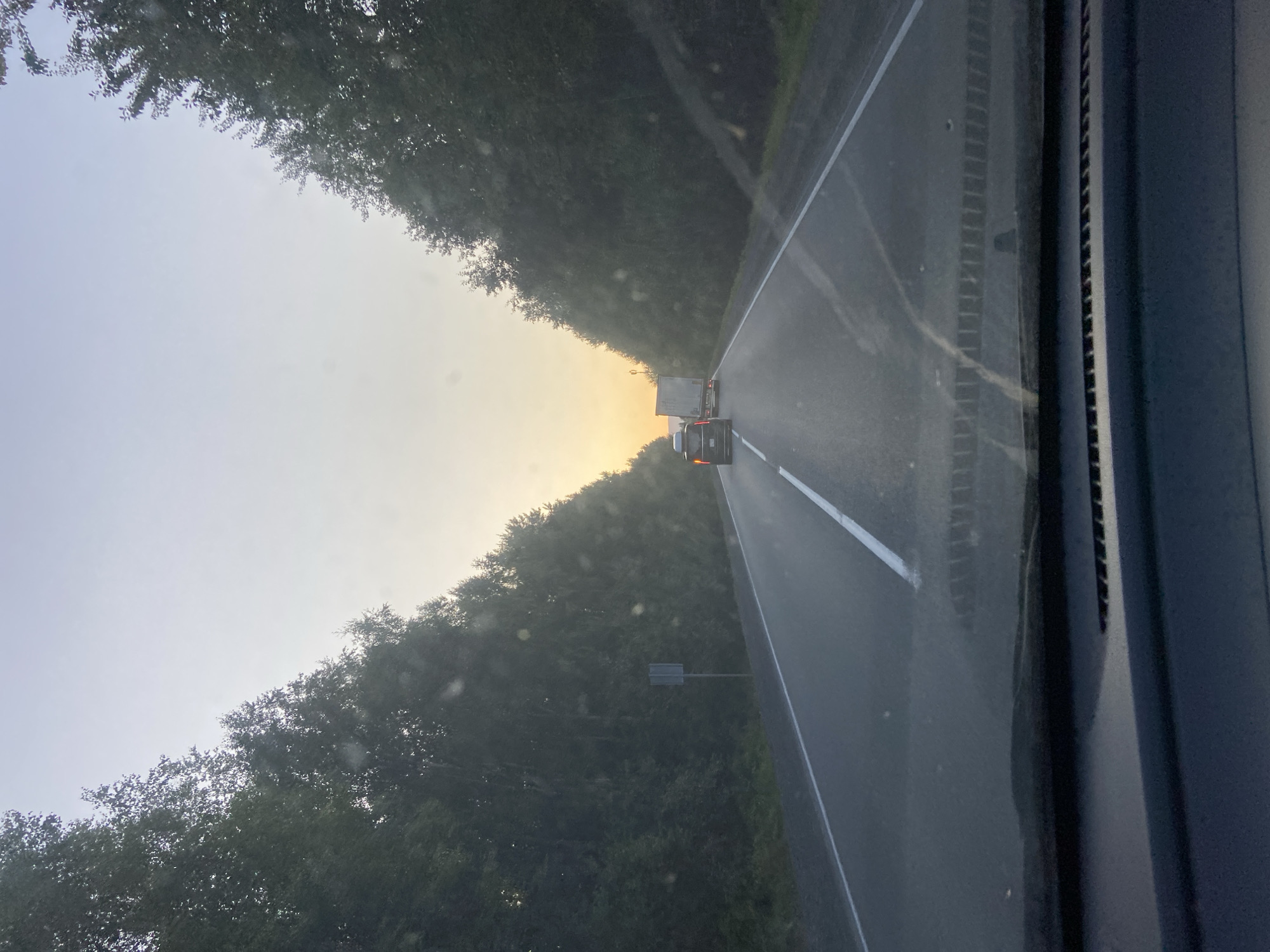 A forward-facing, eye-level, medium shot captures a two-lane asphalt road flanked by dense, dark green coniferous trees on both sides, extending into the horizon under a pale, overcast sky tinged with the soft orange glow of a setting sun. The scene appears to be set at dusk. In the foreground, the dashboard of a vehicle is visible, with the windshield showing some smudges and streaks.
The road is marked with white lines, delineating the lanes. In the distance, a dark-colored SUV with a roof rack is traveling in the right lane, followed by a white semi-trailer truck in the left lane. The vehicles are illuminated by headlights, suggesting low visibility. A vertical gray signpost is partially visible on the left side of the road, near the treeline.
The overall impression is one of a solitary journey through a rural or semi-rural landscape as daylight fades. The location is identified as Burovshchina, Russia.