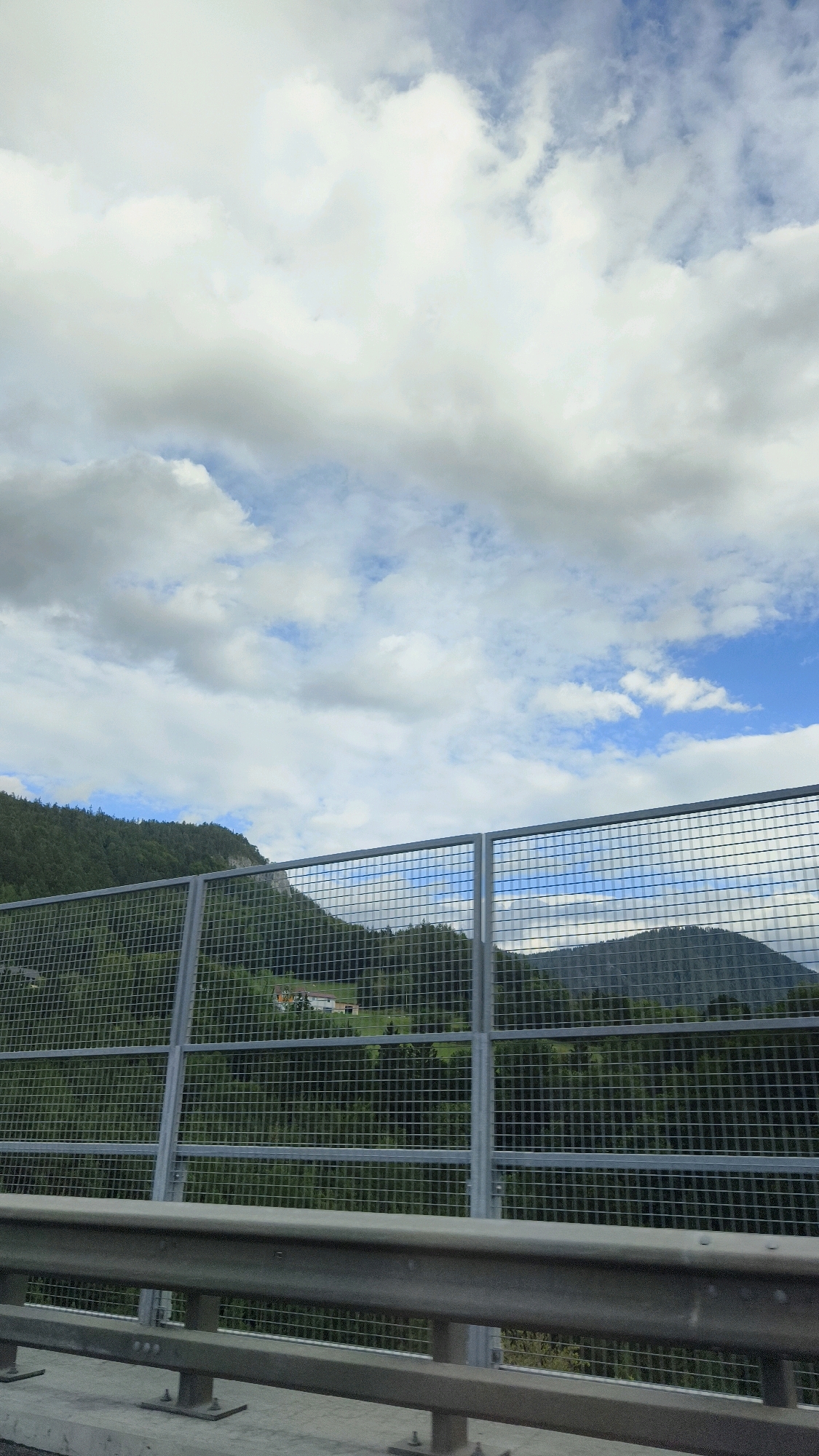The image shows a view from a road, looking towards a densely forested hillside. A silver metal mesh barrier runs horizontally across the foreground, with a grey metal guardrail in front of it. The barrier is supported by vertical metal posts. Behind the barrier, the hillside is covered in green trees and some patches of grass. A white building with a red roof is visible nestled amongst the trees on the hillside. In the distance, darker forested mountains rise up, with a cloudy sky above. The scene appears to be a roadside view in a mountainous or hilly area, possibly a scenic route. The location is identified as Aue, Austria.