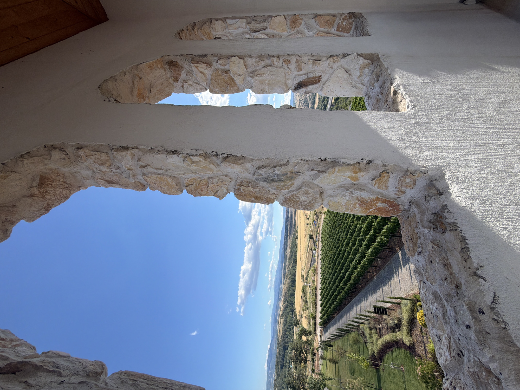 This image depicts a scenic view from a stone and stucco structure with arched openings. Through the openings, a vineyard stretches out in orderly rows, flanked by a gravel pathway and manicured green lawn with scattered trees and decorative shrubs. Beyond the vineyard, the landscape unfolds into rolling hills covered in fields of dry grass, a darker line of trees, and in the distance, a range of hazy mountains under a bright blue sky with scattered white clouds. The perspective is from an elevated position, looking down and across the vineyard and surrounding countryside. The structure itself is composed of rough-hewn, light-colored stones set within white stucco walls, with a wooden ceiling visible in the upper right corner of the frame. The scene is bathed in natural daylight, casting shadows that highlight the textured surfaces of the architecture. The location is identified as being in Kocherinovo, Bulgaria. There are no people or animals visible in the image.