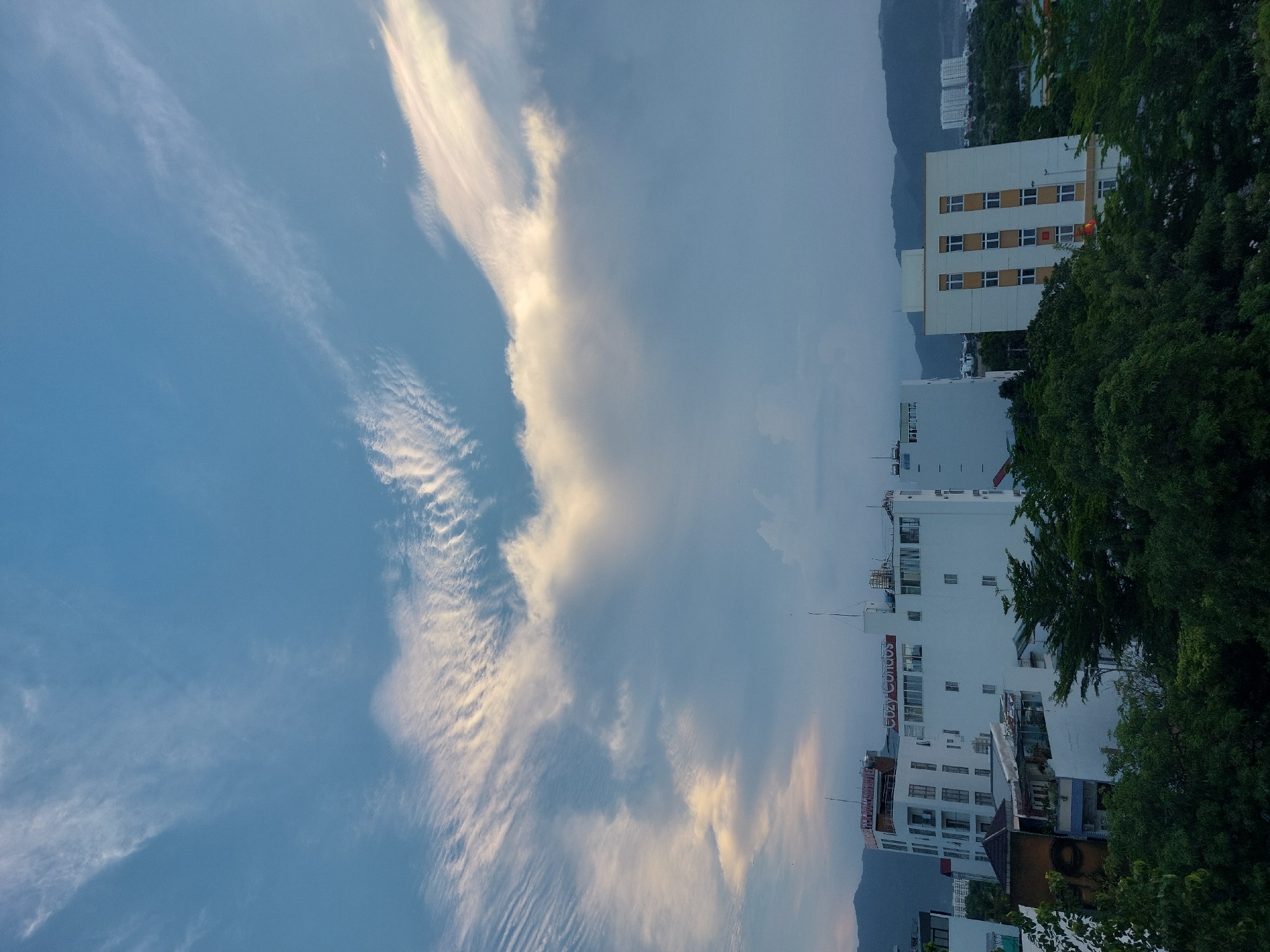 This media file captures a scenic view of buildings and a cloudy sky in Nha Trang Ward, Vietnam. The scene is dominated by a vast expanse of blue sky with wispy, elongated clouds catching the warm light of what appears to be either sunrise or sunset, casting a golden hue on some of them. Below the sky, a series of buildings are visible, varying in height and architectural style. The closest buildings are white, multi-story structures with numerous windows. One building has the prominent text "Cozy Condos" written vertically in red on its facade. In the distance, more buildings are nestled among lush green trees, with mountains forming a backdrop. The foliage is dense and verdant, suggesting a tropical or subtropical climate. The overall impression is one of a tranquil evening or morning in a coastal city. There are no people visible in the frame, and the focus is on the interplay of natural elements like the sky and trees with the man-made structures. The image is rotated 90 degrees counter-clockwise.