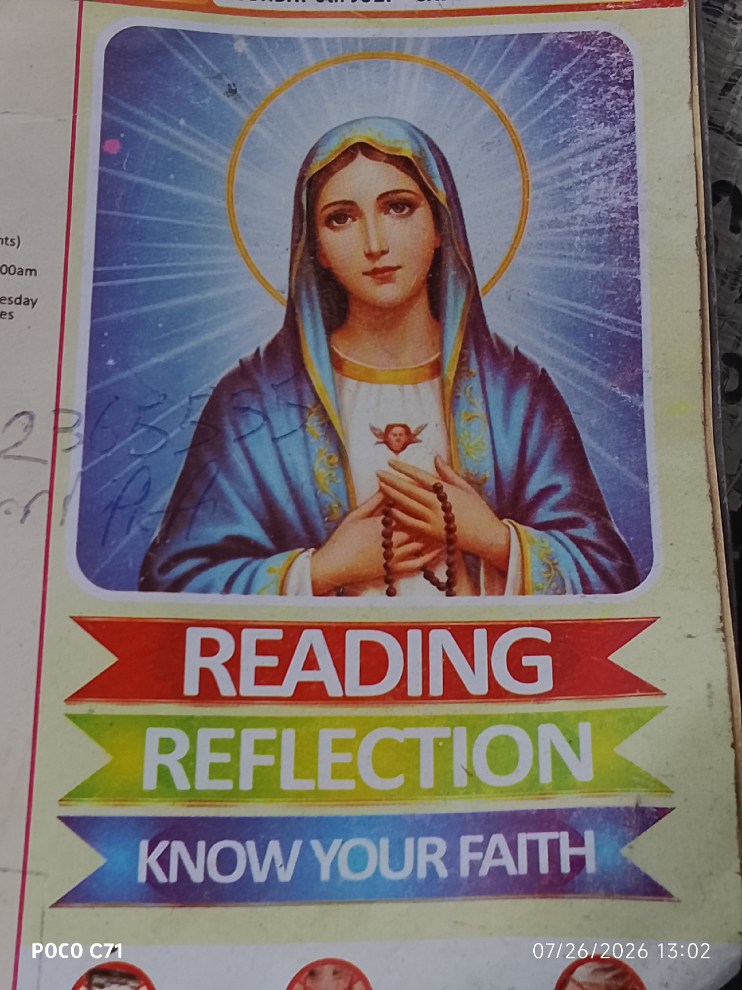 The image is a photograph of a poster featuring an illustration of the Virgin Mary holding rosary beads. The poster has text that reads "READING REFLECTION KNOW YOUR FAITH". Below this text, there are glimpses of other elements on what appears to be a flyer or a notice board, including the text "POCO C71" and a date stamp "07/26/2026 13:02". The background is a wall with some writing on it, including what looks like a list of days with times. This poster is likely displayed in a public space in Lekki, Nigeria, possibly a church or community center, given the religious imagery and the communal nature of such posters. The lighting suggests it was taken indoors during the day.