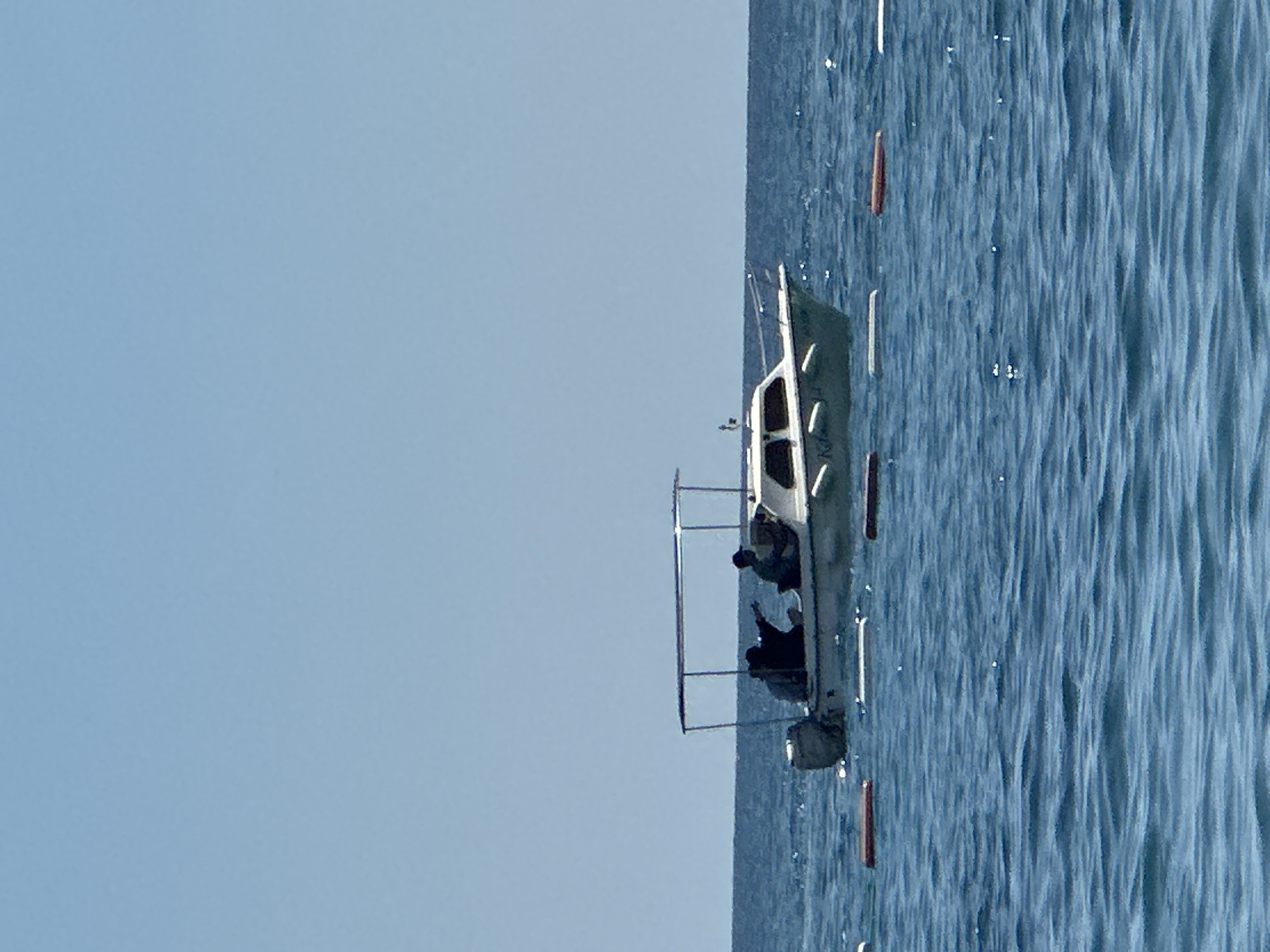 An eye-level, medium shot captures a light blue sky above a choppy, deep blue sea, bisected by the horizon line. In the mid-ground, a white motorboat with a canopy is positioned to the right of center, navigating the water. Three figures are visible within the boat; two are seated in the rear, and one is standing, with their right arm extended as if pointing. The boat has a visible outboard motor at the stern. In the foreground, several buoys, some red and some white, are partially submerged in the water, indicating a delimited area. The overall scene suggests a calm day at sea with recreational activity. The location is the coast of Boreti, Montenegro.
