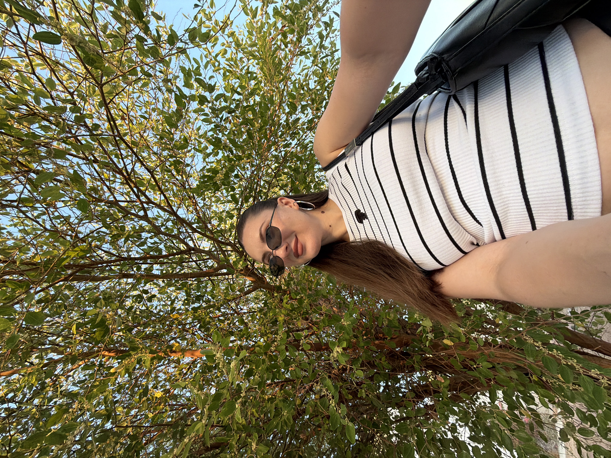 A low-angle medium shot captures a woman standing outdoors in front of a tree with green leaves and a clear blue sky. The woman, facing right, wears a white ribbed tank top with black horizontal stripes, sunglasses, and large hoop earrings. She has long, dark brown hair pulled back and a black handbag slung over her left shoulder. The tree is densely leaved, with thin branches extending upwards and outwards. The lighting suggests it is daytime, likely afternoon, with sunlight illuminating the leaves and the woman's face. The scene appears to be in Sharm El Sheikh, Egypt, known for its natural beauty and outdoor activities.