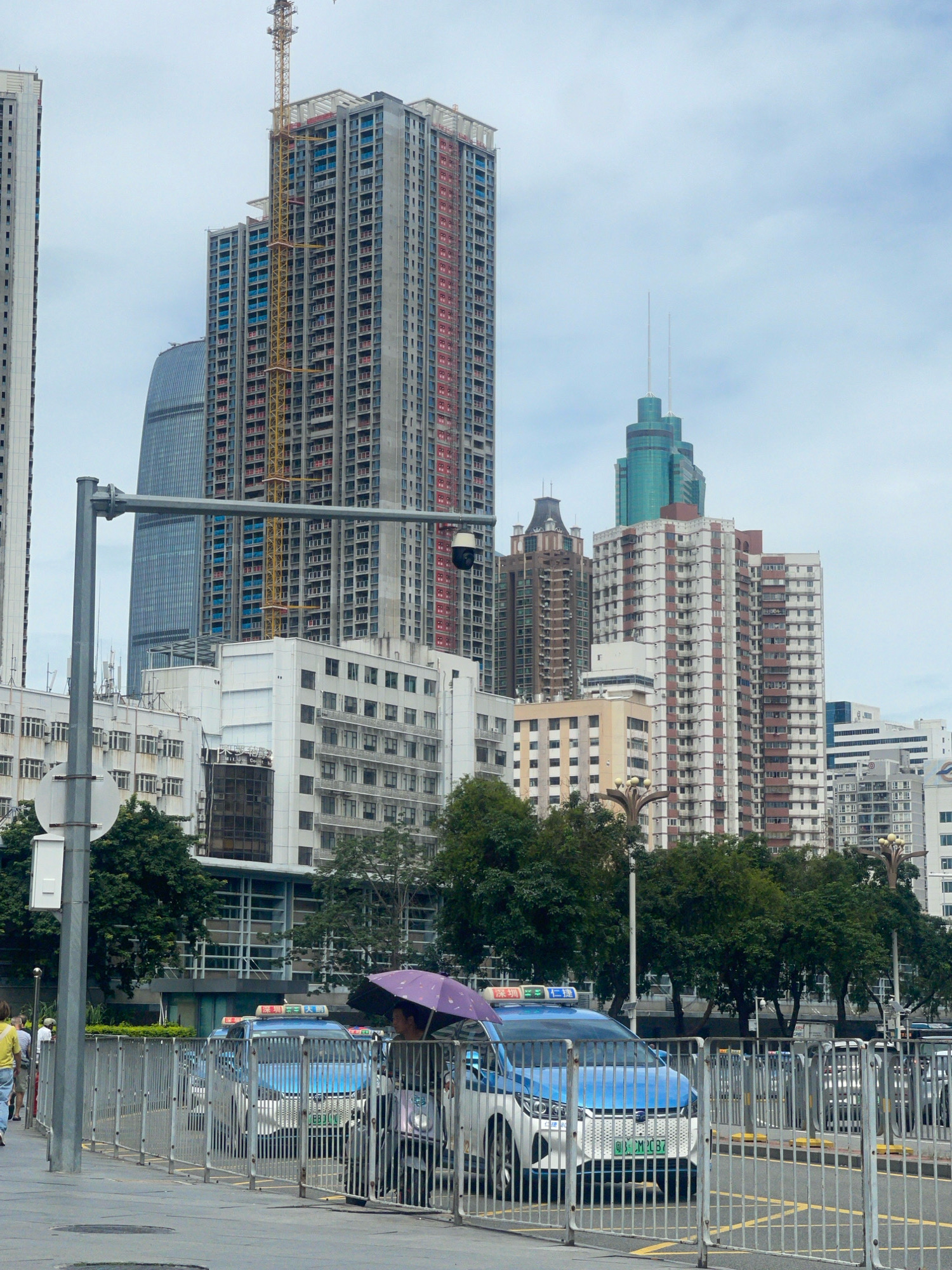 This image depicts a street scene in Luohu District, China, featuring a row of parked blue and white vehicles, possibly taxis or police cars, behind a metal fence. A person holding a purple umbrella stands next to one of the vehicles. In the background, numerous high-rise buildings, some under construction with cranes visible, dominate the skyline. Trees line the street, and a street lamp with a camera attached is present in the foreground. The sky is overcast.