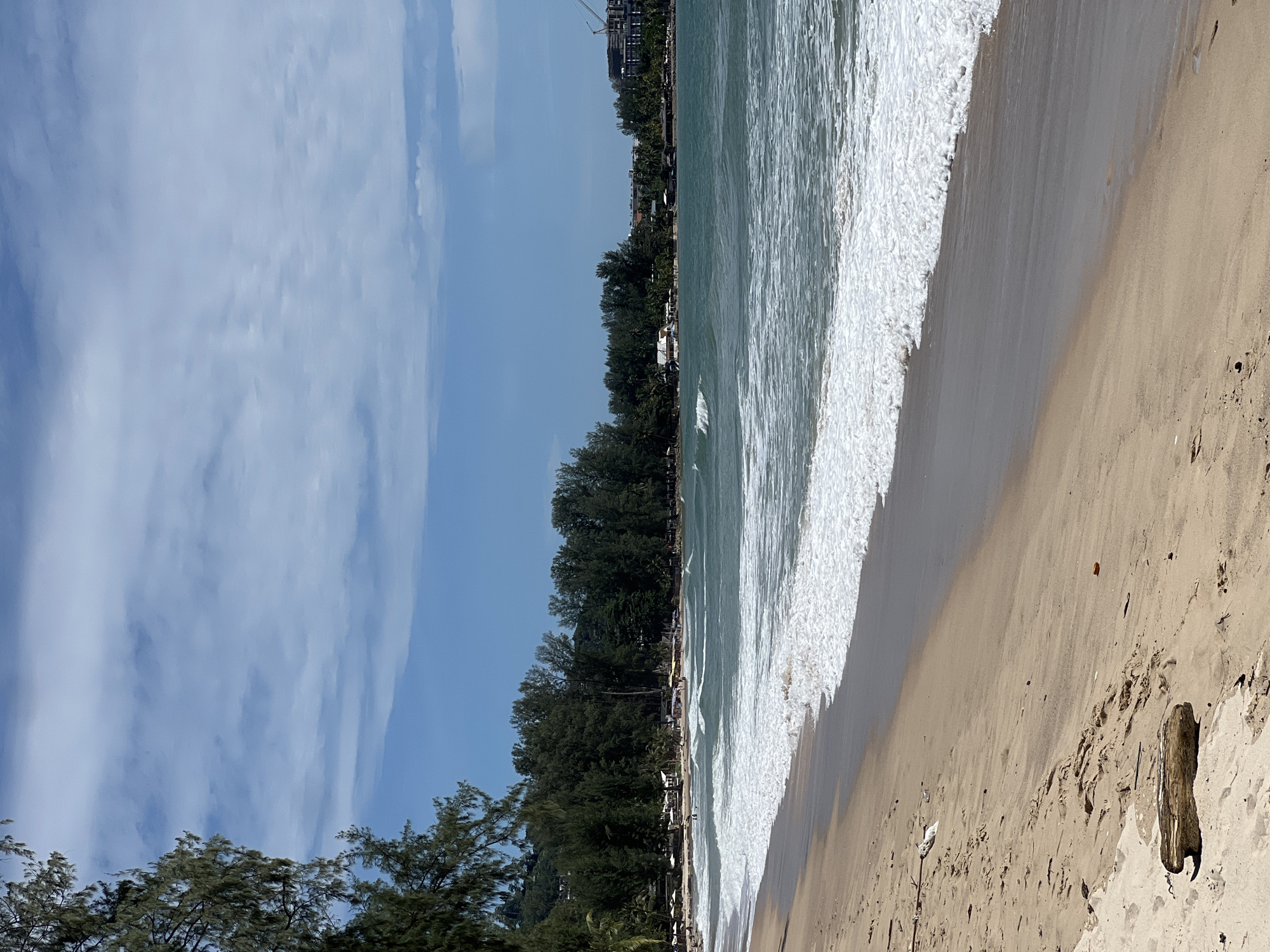 The image depicts a wide-angle view of a tropical sandy beach on a sunny day. The sky, occupying the upper third, is predominantly clear blue with scattered, thin, horizontally stretched white clouds, particularly dense in the upper left.
In the left foreground, dark green foliage from a tree, likely a casuarina or pine, extends into the frame, partially obscuring the upper left corner. A continuous line of dense, dark green trees, primarily coniferous-like, forms a natural boundary between the beach and the land in the mid-ground, stretching along the coastline. Palm trees are also visible among this vegetation.
The sea, a distinct teal-turquoise color, exhibits moderate wave activity. Multiple white-crested waves break and roll towards the shore, generating a significant expanse of white foam along the water's edge.
The beach itself consists of light tan-colored sand. It shows evidence of human presence, including numerous footprints. In the lower left foreground, a piece of light brown driftwood rests on the sand. Scattered small debris, including a distinctive small orange object, is visible further up the beach.
Along the treeline in the mid-ground, several white beach umbrellas or tents are visible. Scattered small figures of people are present on the beach and in the water near the shore, indicating recreational activity.
In the distant right background, beyond the treeline, multiple multi-story buildings, likely hotels or resorts, are visible. A large construction crane rises above these structures, suggesting ongoing development. The scene is illuminated by bright, clear sunlight, indicating daytime.