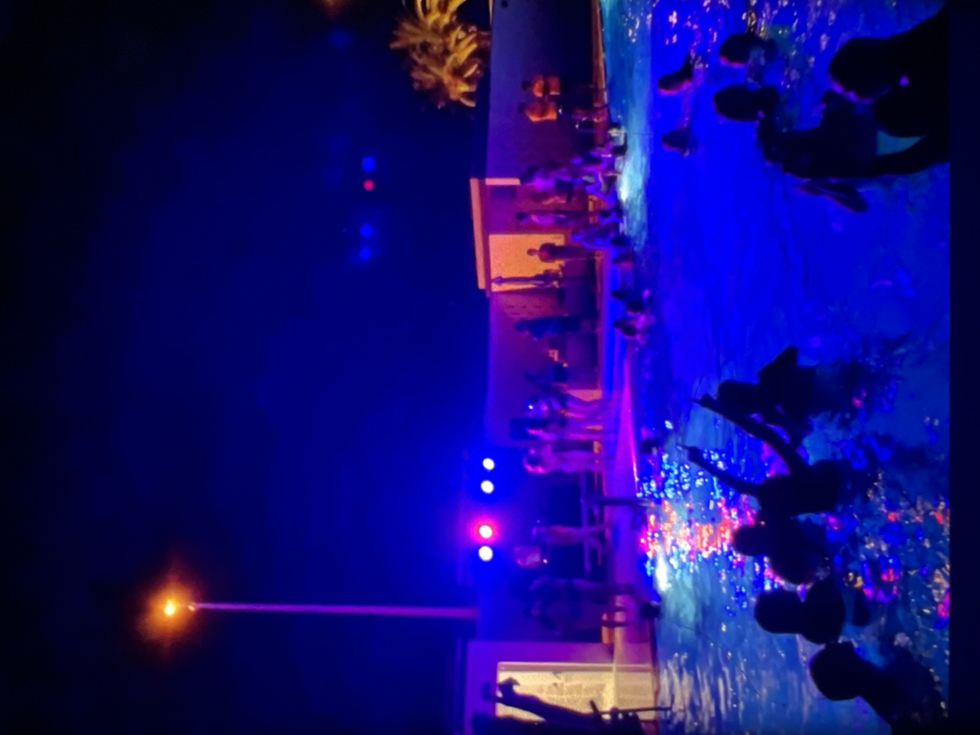 The image depicts a nighttime scene at a swimming pool. A group of people are in the pool, some of whom appear to be partially submerged. The pool is illuminated by various colored lights, including blue and pink, which create reflections on the water's surface. In the background, there is a building with lights, and palm trees are visible to the right. A street lamp with an orange light is also present in the upper left portion of the image. The setting suggests a lively social gathering or party, possibly at a resort or private residence. The presence of palm trees and the overall ambiance are consistent with locations found in Lagos, Nigeria.