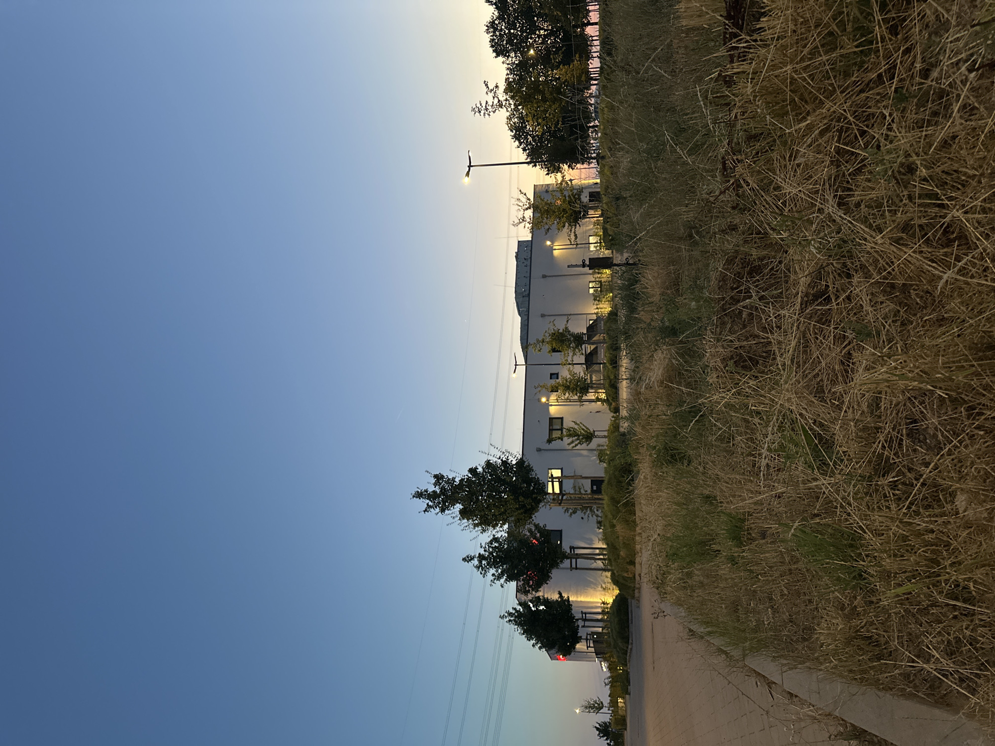 The image depicts an exterior view of a modern white building at dusk, likely in Krefeld, Germany, as indicated by the style of the building and its surroundings. The sky is a gradient of deep blue at the top, transitioning to lighter blues and hints of yellow and pink near the horizon, suggesting a sunset or twilight.
In the foreground, dry, tall grass and weeds dominate the scene, with a concrete curb bordering a paved area on the left. Several young trees with sparse foliage are planted in front of the building, some illuminated by spotlights from below. The building itself is a clean, rectangular structure with multiple windows, some of which are lit from within. A circular section of the building on the left has a red circular logo.
In the background, power lines stretch horizontally across the sky. There are also streetlights visible, one with its light illuminated. The overall environment appears to be a commercial or industrial area, possibly a business park or office complex, given the modern architecture and open space. No people are visible in the image. The lighting suggests it is either early morning or late evening, with artificial lights beginning to illuminate the scene.