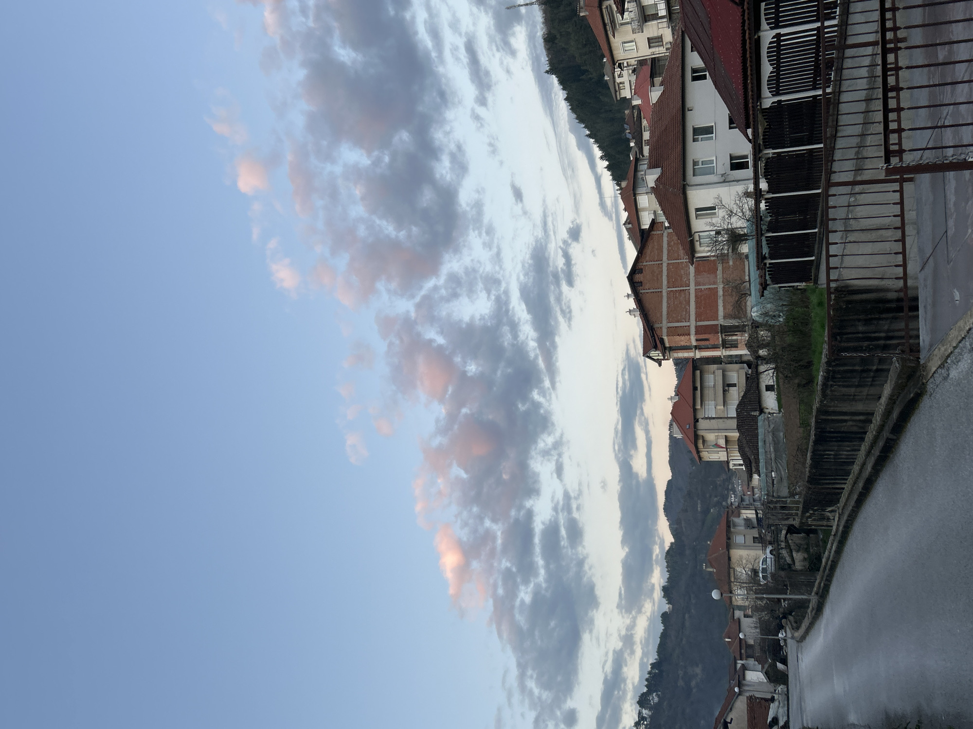 The image depicts a street view in Zlatograd, Bulgaria. In the foreground, a wet, paved road extends into the distance. Adjacent to the road are buildings of varying heights and designs, some with red-tiled roofs. A hillside densely covered with trees rises behind the buildings. The sky is filled with clouds tinged with pale pink hues, suggesting either sunrise or sunset. The lighting appears soft and muted, adding to the calm and serene atmosphere. There are no visible people in the image.