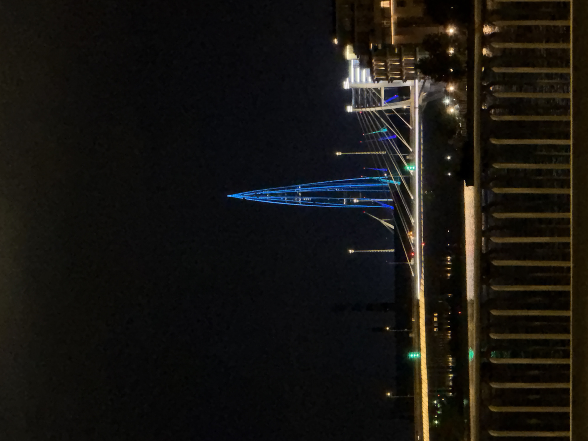 The image captures a nighttime view of the **Neva River in Saint Petersburg, Russia**, focusing on the iconic **Big Obukhovsky Bridge**, also known as the **Vantovy Bridge**. Dominating the center of the frame is the bridge's striking pylons, illuminated with a vibrant blue light, giving it a futuristic appearance. The long suspension bridge stretches across the dark water, with its cables creating a web-like structure against the night sky. In the background, buildings are visible along the riverbank, their windows glowing with warm light, contrasting with the cool blue of the bridge. A railing, likely part of a pedestrian walkway or viewing platform, is in the foreground, its vertical bars creating a pattern that frames the scene. The water reflects the lights from the bridge and the surrounding city, creating a shimmering effect. The overall atmosphere is one of urban grandeur and modern engineering set against the quiet darkness of the night. There are no people or specific actions depicted in the image.