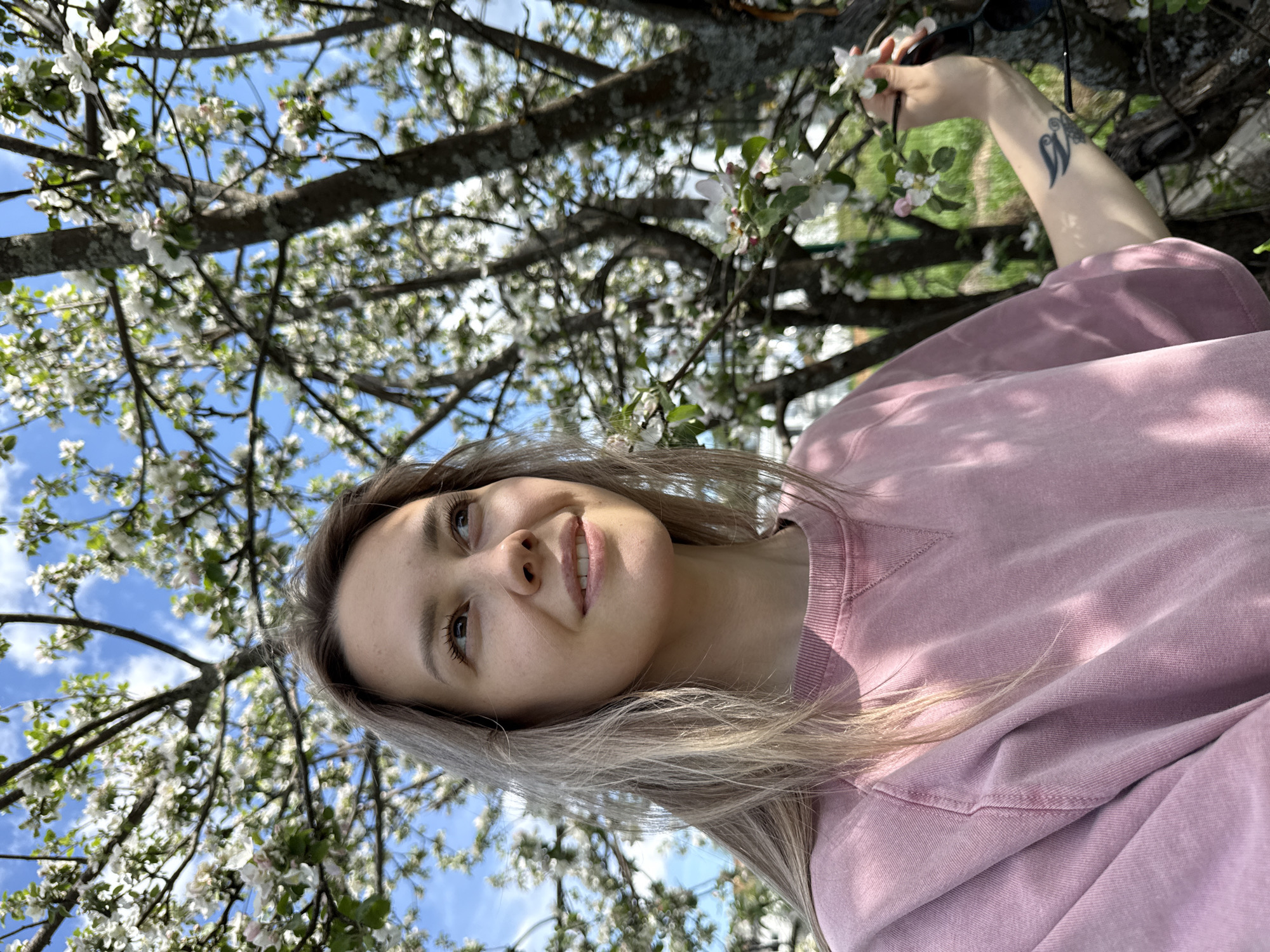 A young woman with light blonde hair and wearing a pink sweatshirt is looking up and to the left of the frame. She is positioned below a tree with white blossoms and branches filling the background. A blue sky is visible through the branches. The woman's right arm is extended, holding a flowering branch. A tattoo is visible on her right forearm. The image appears to be taken outdoors in natural light. There is no information to determine whether it is taken in the city of Noviy, Russia.