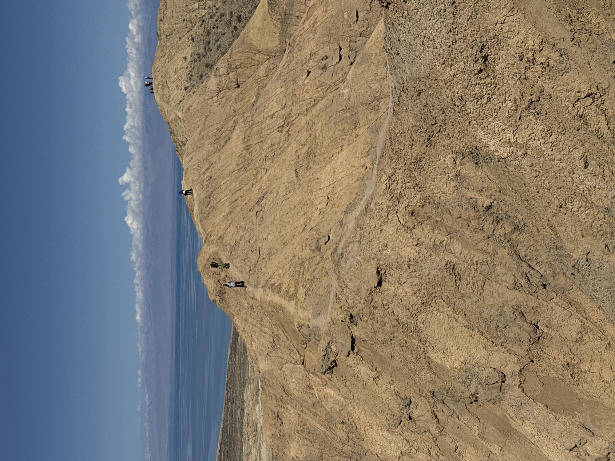 The image portrays an expansive arid mountainous landscape, likely near Tong, Kyrgyzstan, bordering a large body of water presumed to be Lake Issyk-Kul. A vast, light brown, sandy and rocky cliff face dominates the foreground, showcasing deeply eroded textures and contours. A winding, narrow trail is visible along the ridge of this cliff, overlooking the deep blue water below.
Several small figures of people, appearing as hikers or trekkers, are spaced along this trail. They are engaged in walking or observing the panoramic views. The activity suggests a scenic hike or exploration of the rugged terrain.
The sky above is a clear, vibrant blue, punctuated by a distinct, elongated band of white clouds, possibly cumulus, stretching horizontally across the mid-sky. The bright sunlight indicates daytime, likely late morning or early afternoon, casting subtle shadows that emphasize the geological features of the cliff. No visible text is present in the scene. The overall impression is one of natural grandeur, remote beauty, and outdoor adventure.
