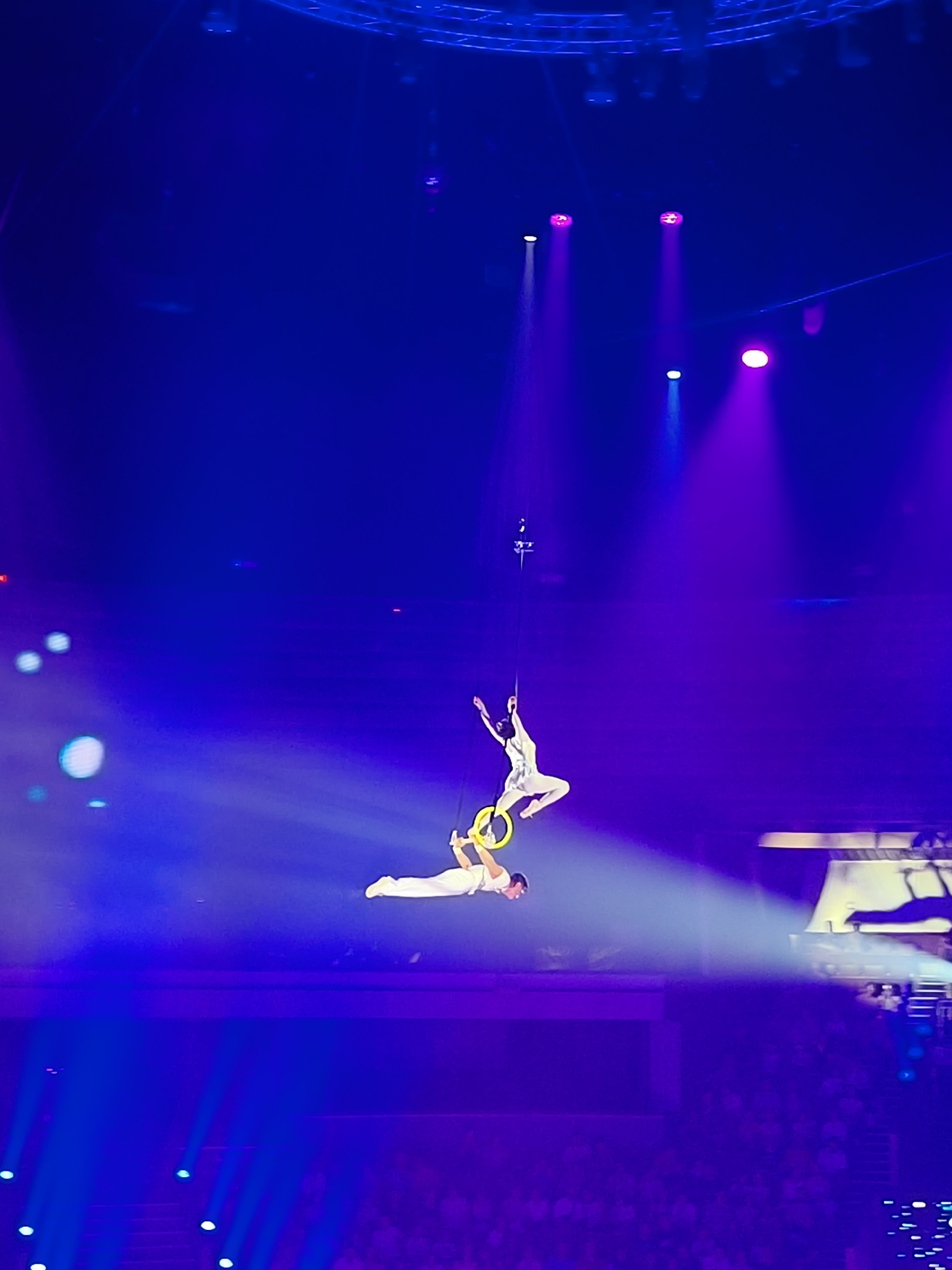 This is a vertical, medium shot of an aerial performance in an arena. Two acrobats, dressed in white, are suspended in the air by a wire. The acrobat on top is a woman with her arms outstretched, her body arched backward as she holds onto a yellow hoop. Below her, a man is in a similar pose, his arms extended as he supports himself within the hoop. They are positioned in the center of the frame, with the stage and audience visible in the lower portion of the image. The background is a deep blue, illuminated by purple spotlights and several white circular lights scattered throughout the space. The lighting creates a dramatic and atmospheric effect.