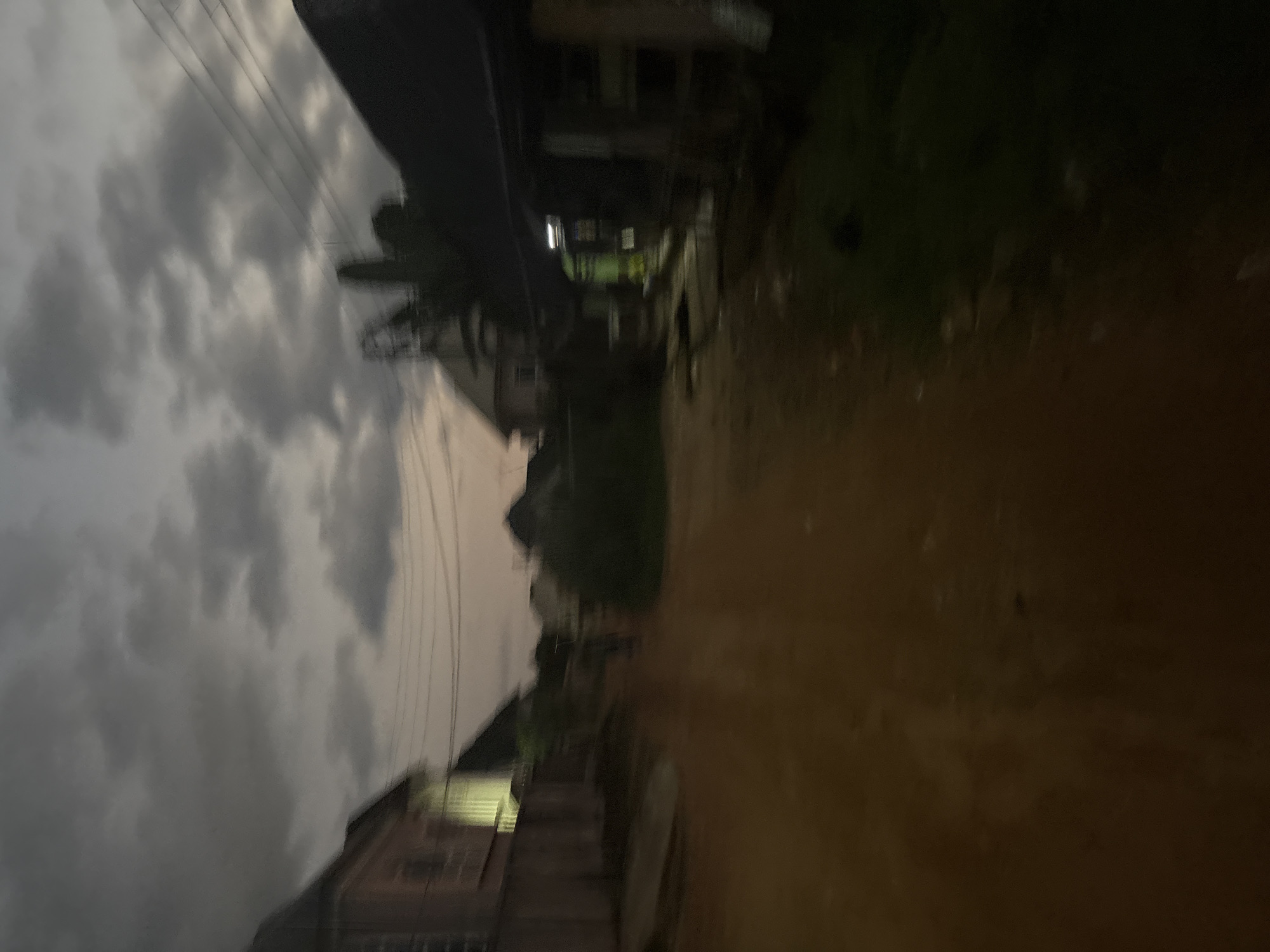 The image depicts a street scene in Obosi, Nigeria, at dusk. The sky is overcast with clouds, casting a muted light over the environment. The unpaved road, appearing to be reddish-brown earth, dominates the foreground, with some patchy areas of darkness suggesting dampness or shadows.
On the left side of the street, a building with a light pink facade is visible, featuring windows and a pale yellow light illuminating the exterior. Adjacent to it, a darker structure with a sloped roof extends into the scene. A low, dark wall runs along the front of the property.
On the right side of the street, several buildings are present. One structure, partially obscured by darkness, has a dark roof and appears to be a commercial or residential space with an illuminated entrance or window emitting a greenish light. Further down the street, more buildings and vegetation are dimly visible.
A single, blurry figure is present in the middle of the road, walking away from the camera. Power lines are strung across the upper portion of the image, supported by poles that are not clearly defined due to the low light and blur. The overall impression is a residential or mixed-use area in Obosi during the transition from day to night, with some signs of ongoing activity despite the low visibility.