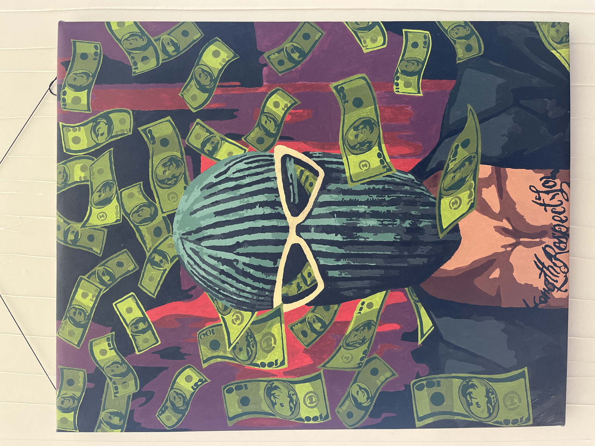 A painting depicts a watermelon wearing sunglasses amidst falling US currency. The background is a blend of purple, red, and black. The watermelon is horizontally oriented, with dark green stripes and light tan sunglasses. Currency in the form of green dollar bills is scattered throughout the painting. A figure in a dark jacket is partially visible on the right side, featuring a tattoo on the upper arm.