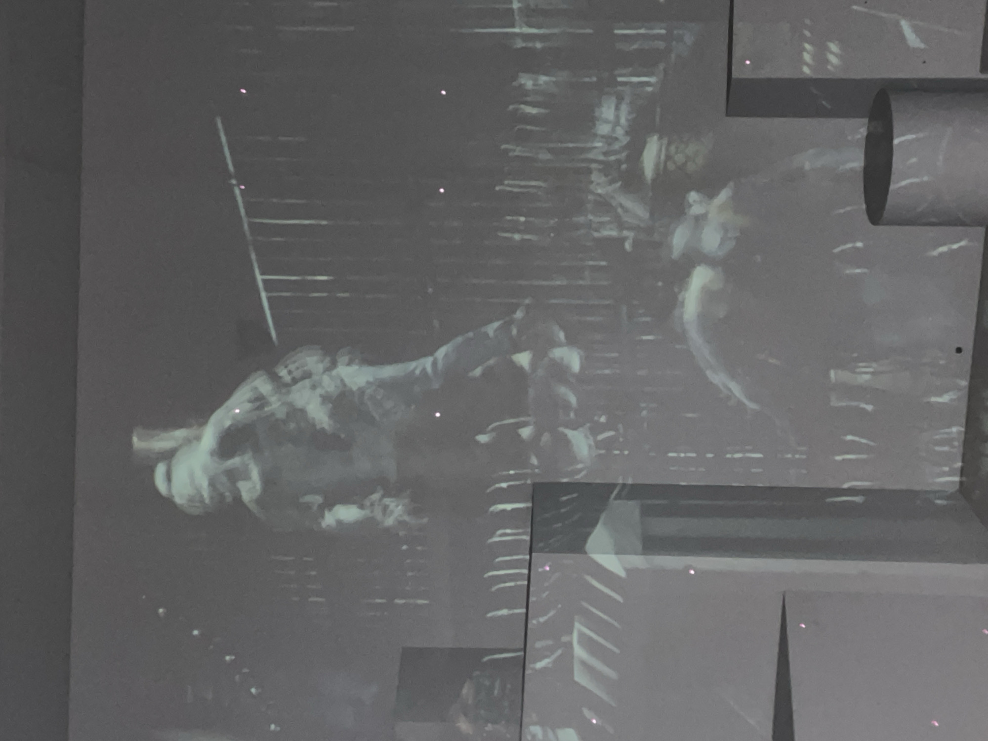 This is a photograph of a projection onto a wall and structural elements. The projection depicts a monochrome, slightly blurred scene. In the upper portion of the projection, a figure appears to be suspended or in mid-air, with their back to the viewer. They are wearing what looks like a hooded garment and pants. Behind this figure is a vertical element, possibly a pole, and a railing or fence-like structure.
Below the suspended figure, the projection shows another indistinct, shadowy form lying on the ground. The projected environment includes vertical lines that could represent bars or a similar pattern.
The physical space where the projection is displayed contains several geometric, block-like structures of varying sizes, some appearing as pedestals or architectural elements. A cylindrical object is also present in the foreground, to the right. These structures are also partially illuminated by the projection, creating layered imagery. There are some small, bright pink dots visible on surfaces in the scene, which could be reflections or laser points.
The context of the city of Denpasar, Indonesia, is not visually evident from the image itself.