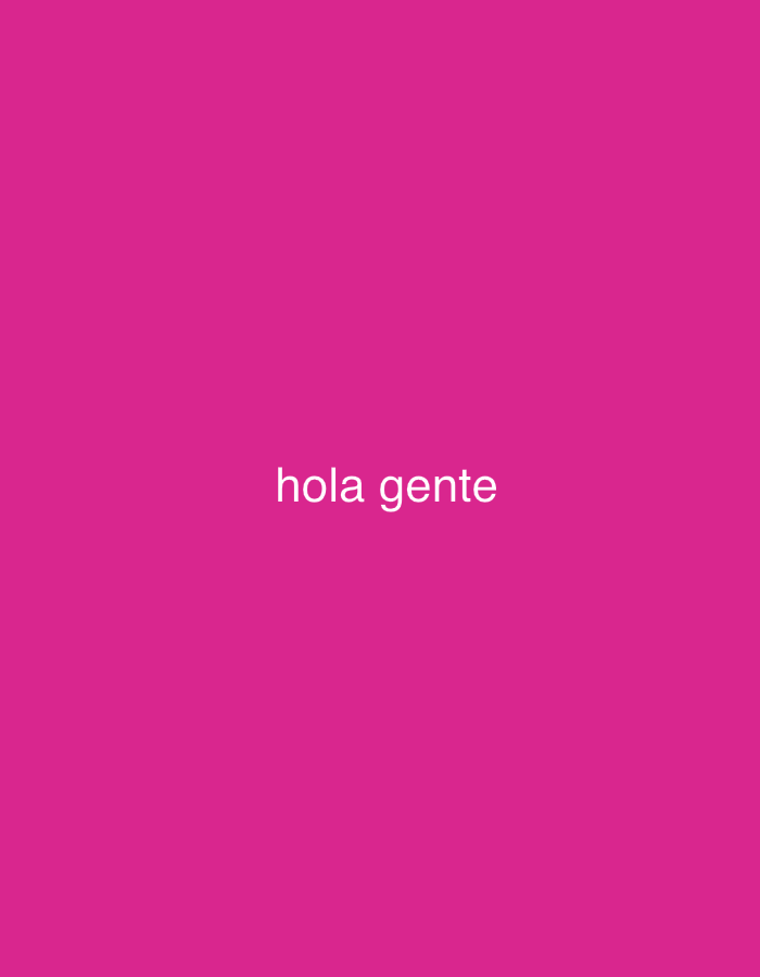 The image displays a plain, solid magenta-pink background. Centered horizontally and vertically on this vibrant backdrop is the text "hola gente" written in a clean, white, sans-serif font. The text is clear and easily readable against the high-contrast background. "Hola gente" is a Spanish phrase that translates to "Hello people" or "Hi everyone." There are no other discernible subjects, objects, or activities depicted in the image. The scene is devoid of specific location cues, time of day, or weather information, presenting a minimalistic visual with a direct greeting. The image conveys a simple, direct message within the context of Santa Ana, Venezuela.
