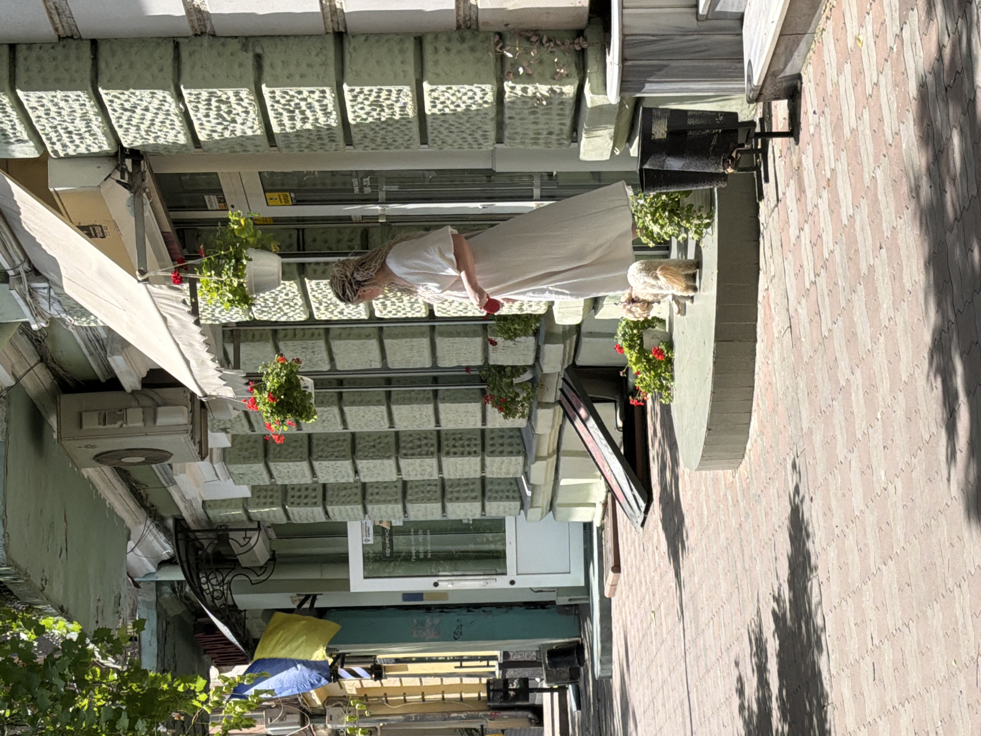 The image depicts a street scene in Odesa, Ukraine, on a sunny day. A woman with braided blonde hair, wearing a long, light-colored dress, stands near the entrance of a building with a pale green facade. She is holding a red object in her right hand. Two small, fluffy white dogs are at her feet. The building features an awning over its entrance and decorative textured blocks on its exterior. A blue and yellow flag, likely the Ukrainian flag, is visible in the background. The sidewalk is paved with brick and dappled with sunlight and shadows cast by overhead trees. Various potted plants with red flowers are placed near the building's entrance. Two trash receptacles are visible on the right side of the image. The overall impression is a quiet street, possibly in a commercial or residential area of Odesa.