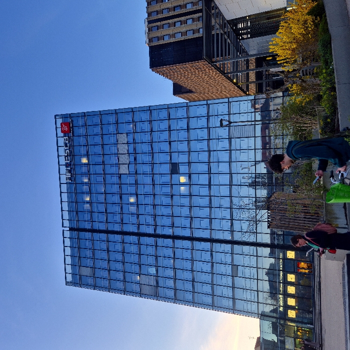 The image depicts the API ESCA building located at Place de Bordeaux in Strasbourg, France, at twilight. The prominent subject is a tall, modern skyscraper with a facade entirely composed of reflective, blue-tinted glass panels forming a grid pattern. The "API ESCA" logo in red is visible at the top of the building, which also shows several interior lights illuminated on various floors. To the right of the main building, a darker, multi-story structure with a textured, possibly metallic or patterned brown facade is visible, along with supporting framework.
In the foreground, two individuals are present on a paved area, likely a pedestrian zone. A woman on the left, wearing a dark coat and glasses, carries a reddish-brown backpack and is looking down at a smartphone in her hands. To her right, a man with dark hair and a mustache, wearing a dark hoodie, holds a bicycle equipped with a bright green front basket while also looking at a smartphone. A raised planter bed separates the pedestrian area from the main building, containing sparse deciduous trees, green shrubs, and patches of yellow-flowering bushes. A black lamppost stands in the mid-ground. The sky transitions from deep blue at the top to a lighter, pale orange hue near the horizon on the left, indicating either dawn or dusk conditions. Reflections of surrounding structures and the sky are visible across the glass facade of the API ESCA building.