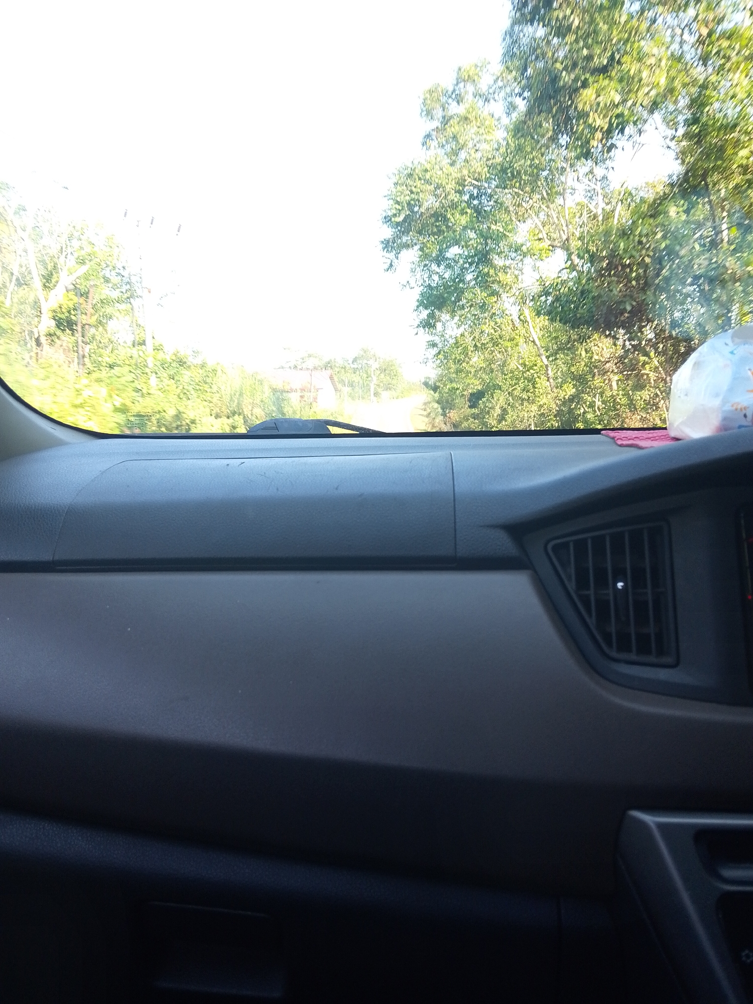 The image shows the interior of a vehicle, looking out through the windshield at a rural road lined with trees. The dashboard is visible in the foreground, with a vent on the right side. The road appears to be unpaved and leads into a heavily wooded area. The sky is bright and hazy, suggesting a sunny day. There are no people or animals visible in the image. It is not possible to determine the exact location in Tiang Tara, Indonesia from this image alone.