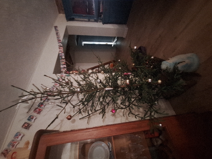 A sparsely decorated Christmas tree lies horizontally on a cabinet with a glass door, near a blue object on a wooden floor. The cabinet displays dishware through the glass. A string of festive flags adorns the wall, and a doorway leads to another room. Above the doorway, a blue cabinet is positioned. The scene is domestic, and the Christmas tree is the central focus.