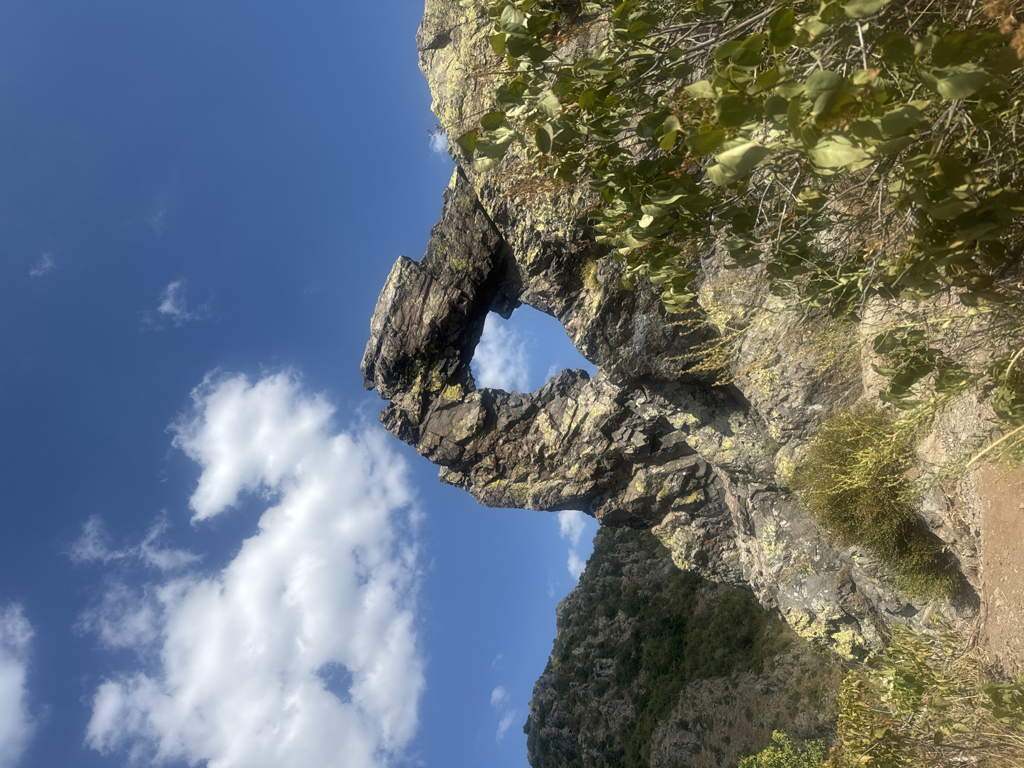 The image captures a natural rock arch formation, known as the "Eagle's Eye" (Orlovo Oko), situated in the Eastern Rhodope Mountains near Sliven, Bulgaria. The arch is a prominent geological feature composed of weathered rock, with patches of yellow lichen clinging to its surface. Through the opening of the arch, a clear blue sky with scattered white clouds is visible. In the background, a lush, verdant mountain slope with trees descends into a valley. In the foreground, dry grasses and bushes partially obscure the base of the rock formation and the rocky terrain. The lighting suggests a bright, sunny day.