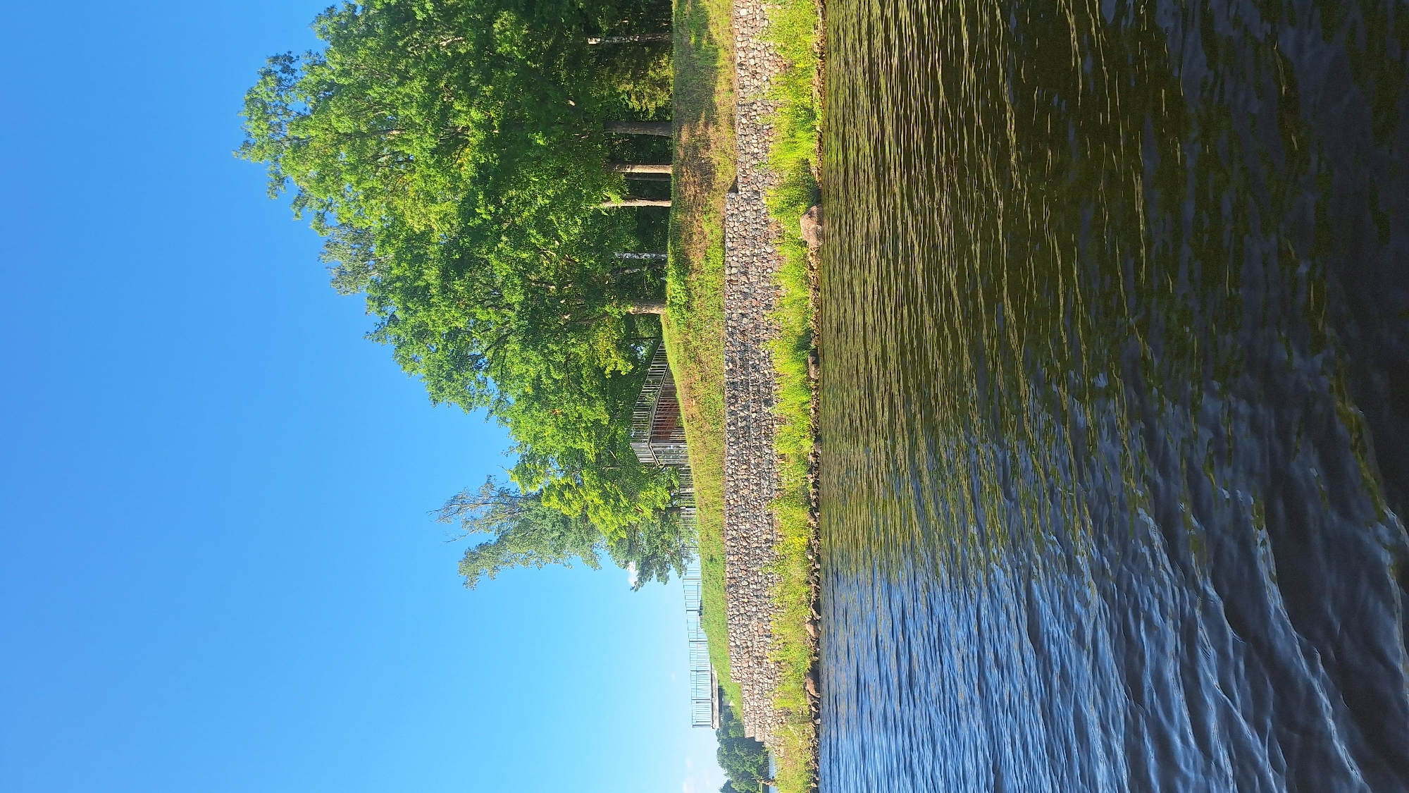 The image captures a serene waterscape with a lush green embankment rising from the water's edge. A stone wall reinforces the base of the embankment, topped with grass and various plants. A modern, glass-enclosed structure with a metal railing is visible on the elevated area, suggesting it's an observation point or a small building. A metal railing also extends along the edge of the elevated area, bordering a pathway. A clear blue sky dominates the upper portion of the image. The foreground is occupied by dark, rippling water, reflecting the greenery and sky. This scene depicts a section of the Koknese embankment in Koknese, Latvia, likely a park or recreational area with elevated viewpoints overlooking the water.