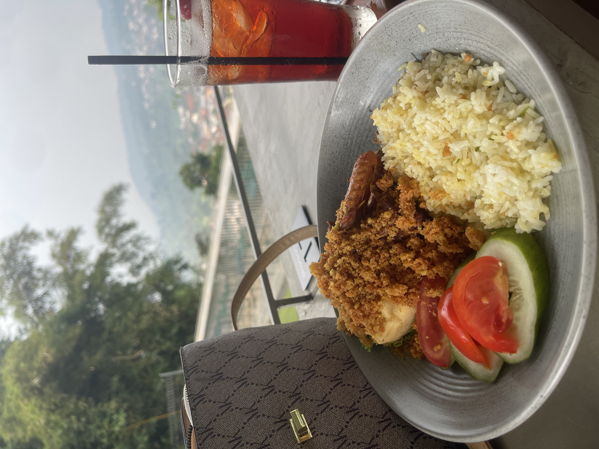 A close-up, eye-level shot shows a meal served outdoors on a concrete surface. In the foreground, a gray ceramic bowl contains a portion of fried rice, a piece of fried chicken wing covered in crispy crumbs, a slice of tofu, and garnishes of sliced tomatoes and cucumbers. To the left of the bowl is a brown handbag with a monogram pattern and a gold clasp. To the right, a tall glass filled with a reddish-orange iced beverage, likely iced tea, with a black straw is visible. In the background, a blurred landscape features lush green trees and a hazy view of a town nestled in a valley, indicative of a location like Pecalukan, Indonesia, known for its scenic, elevated viewpoints. The overall impression is a tranquil dining experience with a picturesque view.