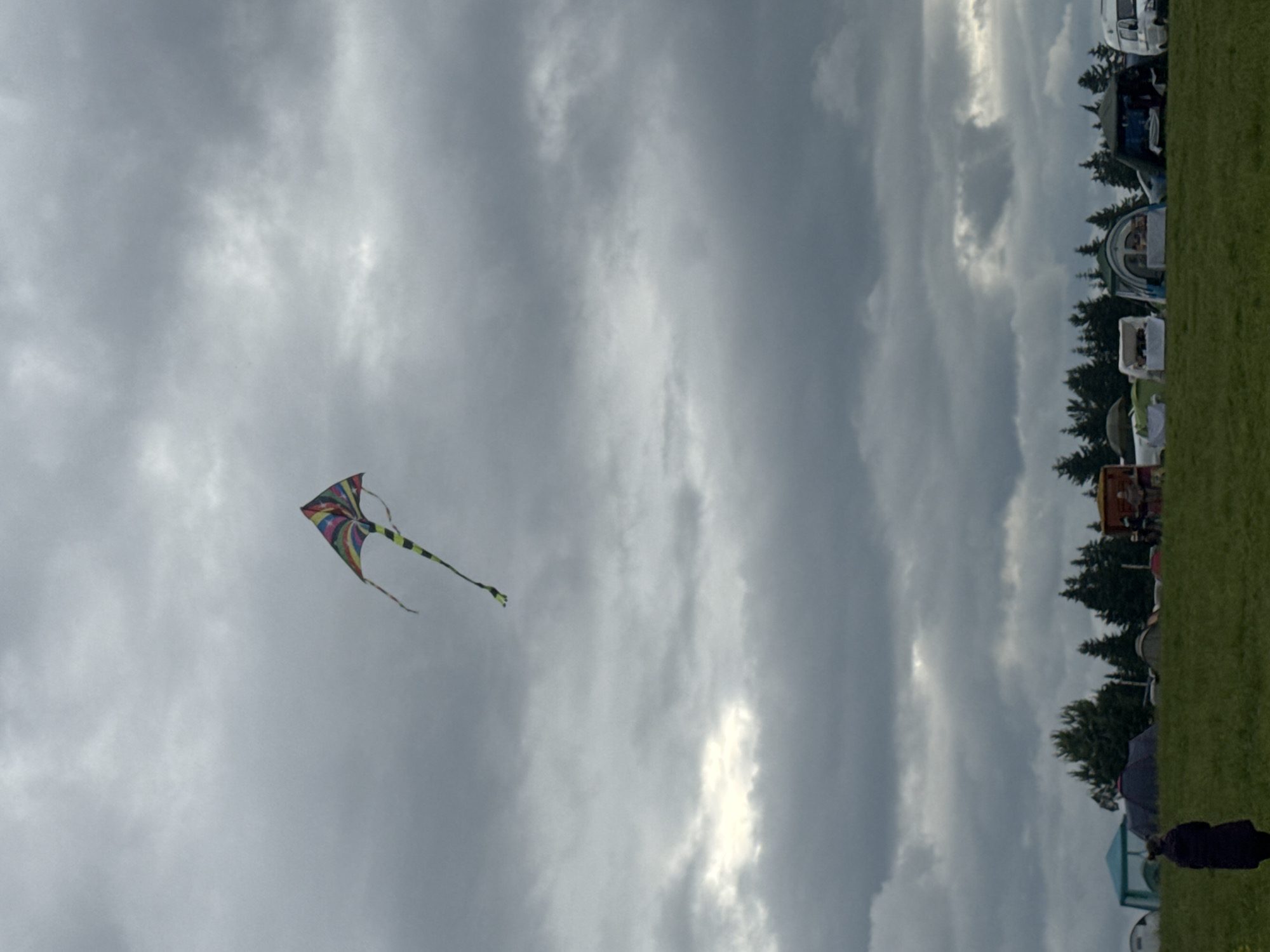 An outdoor scene is depicted under a uniformly overcast, grey sky, with patches of brighter, diffused light visible through the clouds. A multi-colored delta-shaped kite, featuring vibrant horizontal stripes in pink, yellow, blue, green, and black, is airborne in the upper-left quadrant of the sky. A distinctive black and lime green striped tail extends downward from the kite.
The lower portion of the image displays an expansive, green grassy field. In the lower-left foreground, an individual stands with their back to the viewer, wearing a dark-colored coat or jacket, possibly with a hood. Their gaze appears directed forward or slightly downward.
In the mid-ground, a temporary settlement is established across the grassy field, fronting a dense line of dark evergreen trees that mark the distant horizon. This settlement comprises various tents and structures, including a prominent light blue canopy on the left, several darker dome-shaped tents, and multiple lighter-colored, possibly white, market stalls or small canopies. A white recreational vehicle (RV) or camper van is positioned on the far right. Other indistinct vehicles and structures are scattered throughout the encampment. The scene presents an active outdoor gathering or campsite in Bol'shaya Kivara, Russia.