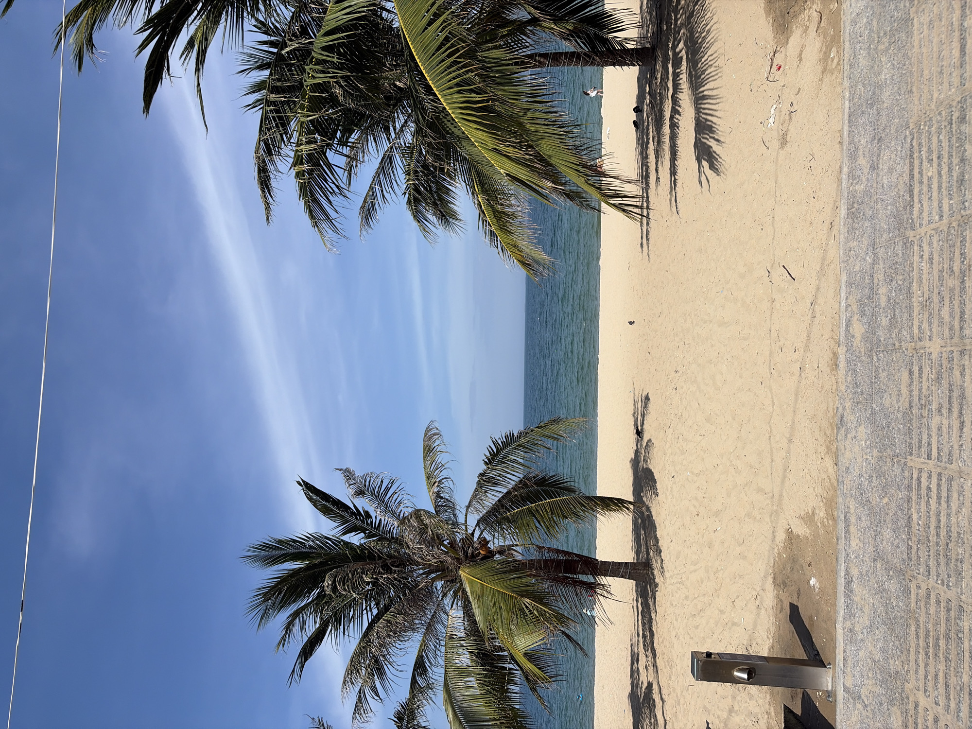 The image depicts a sandy beach in Nha Trang Ward, Vietnam, under a clear blue sky with sparse white clouds. Two mature palm trees with their fronds casting shadows on the sand frame the view of the calm, greenish-blue ocean. The beach is relatively clean, with a few scattered pieces of debris. In the foreground, there's a paved walkway with a textured surface, and a metallic post with a nozzle, possibly a water spigot, is visible on the sand. A few small birds are scattered on the beach. In the distance, a couple of people can be seen near the water. The overall scene is serene and suggests a typical beach day.