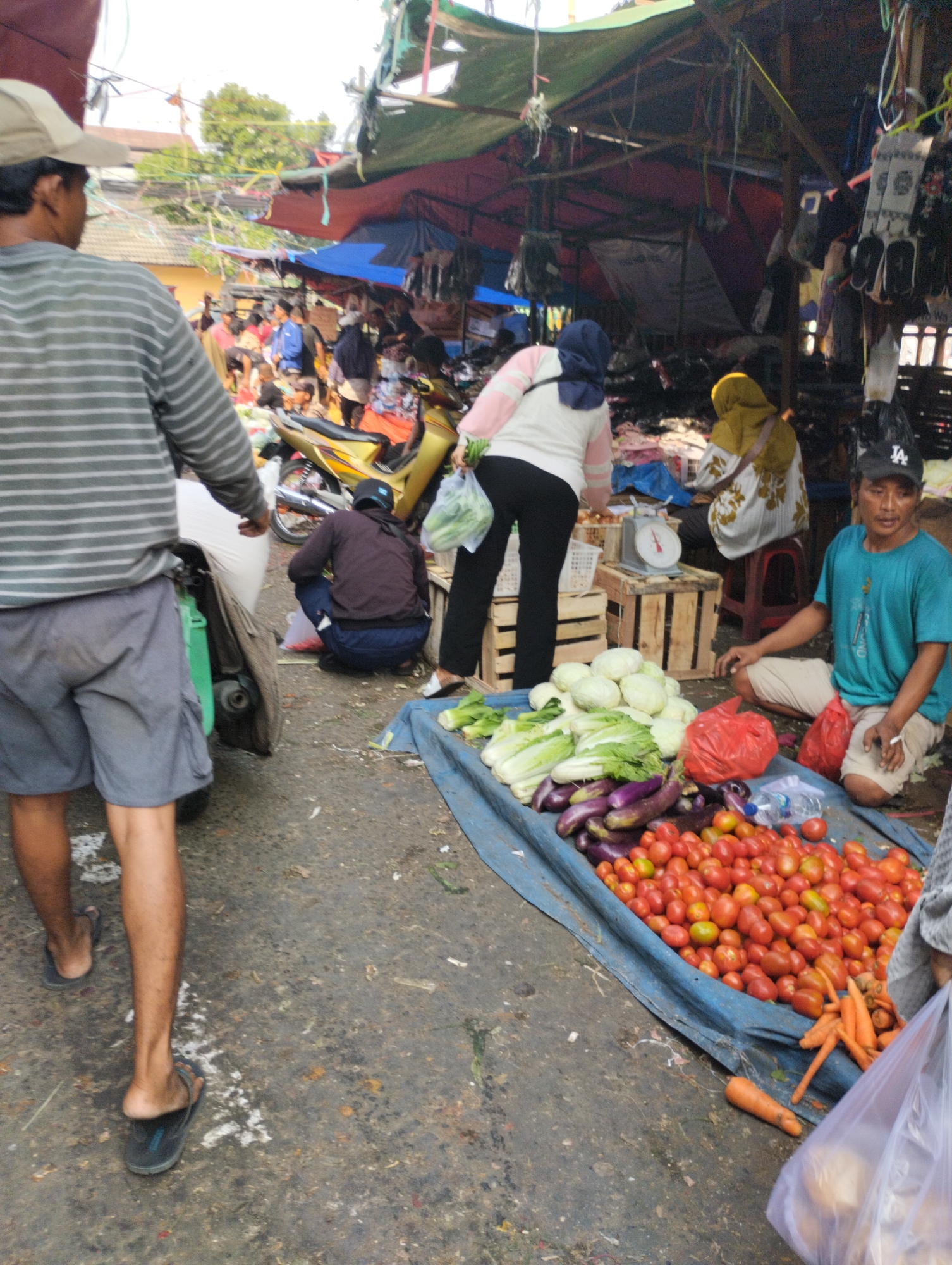 In a bustling open-air market in Bekasi, Indonesia, a man in a grey and white striped shirt and grey shorts walks away from the camera. In the background, several people are visible amidst stalls with colorful awnings. To the right, a vendor wearing a teal shirt and light-colored shorts sits by a display of fresh produce, including a large pile of tomatoes, eggplants, and cabbages. Other individuals are seen browsing or working at various market stalls, with motorcycles parked nearby, indicative of the vibrant commercial activity in the area.