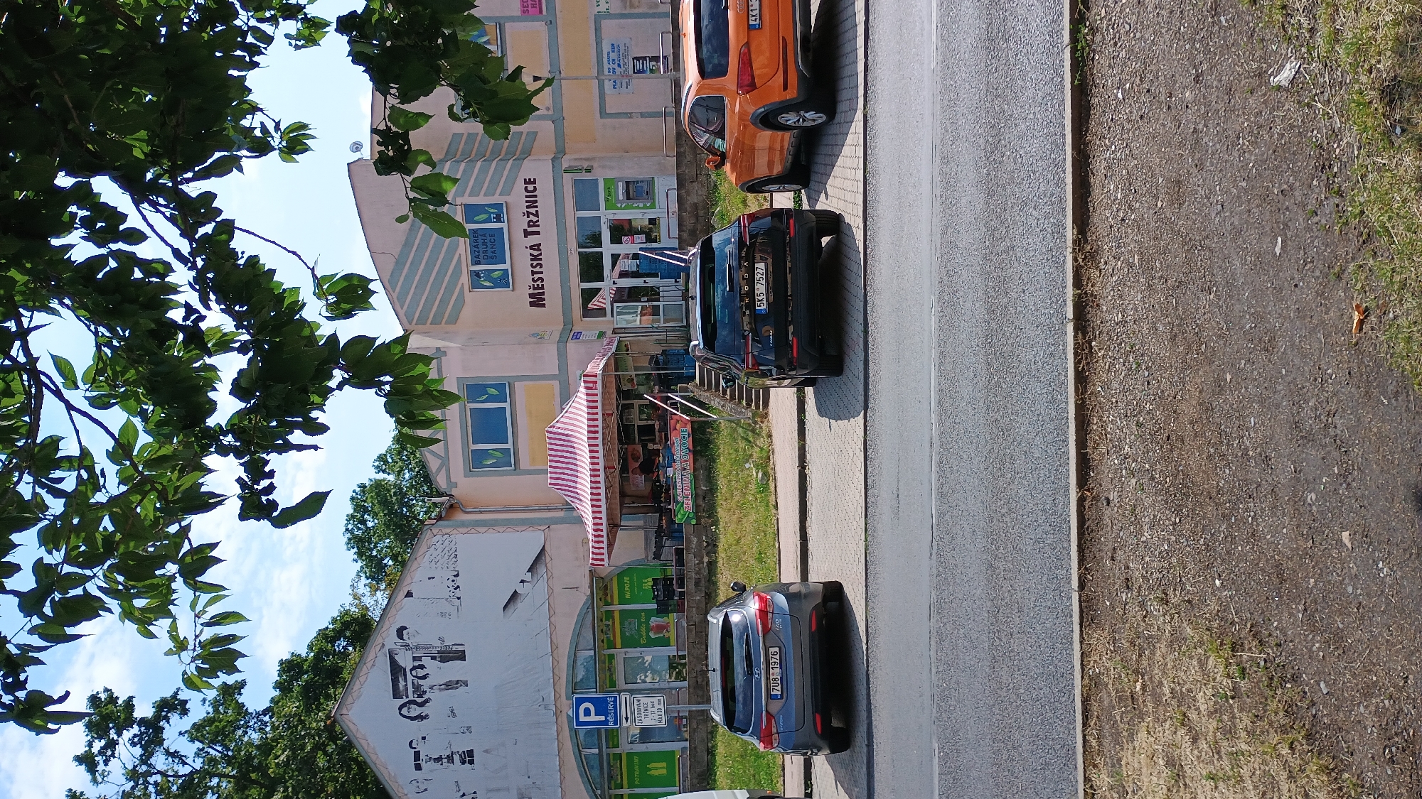 The image shows a street scene in Sokolov, Czechia, featuring a row of buildings with storefronts and parked cars. In the foreground, three cars are parked on a paved surface: a grey Hyundai on the left, a black Skoda in the middle, and an orange Audi on the right. Behind the cars, a sidewalk runs along the front of the buildings. A striped awning covers a market stall selling produce, with "ZELENINA A OVOCE" (Vegetables and Fruits) visible on a sign. Next to the market stall is a building with the text "MĚSTSKÁ TRŽNICE" (City Market) above the entrance. Another building to the left has a large mural depicting several people. Trees and foliage are visible throughout the scene, with branches of a tree in the upper portion of the image obscuring the sky. The weather appears to be sunny.