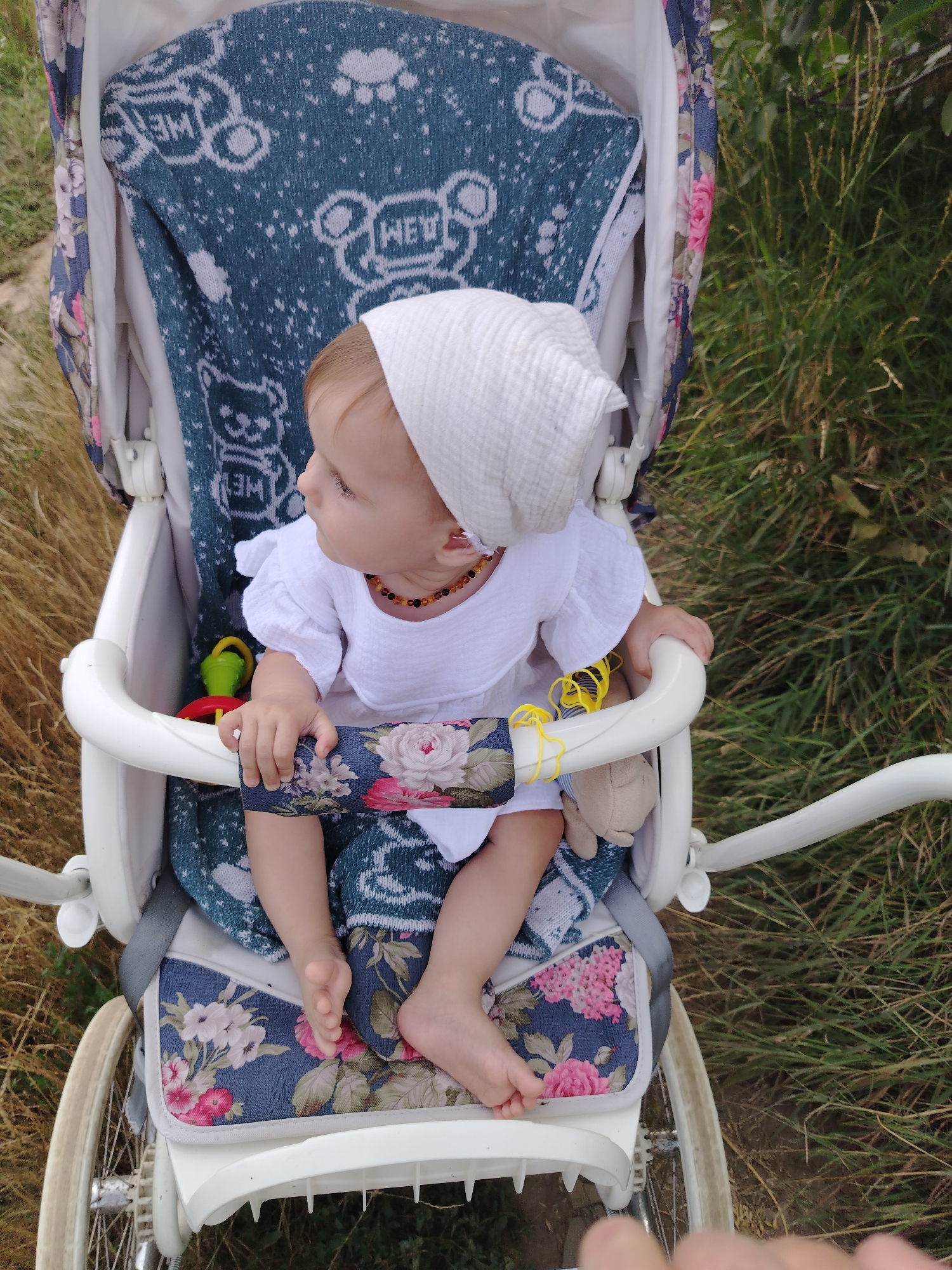 A baby is sitting in a stroller outdoors. The baby is wearing a white outfit and a white head covering. The stroller has a blue and white patterned blanket and a floral print cushion. There are a few toys in the stroller, including a soft toy and a rattle. The stroller is positioned on a dirt path, with tall grass on either side. The background is out of focus, but appears to be a natural, outdoor environment, possibly a park or countryside. The image was taken on a sunny day. The specific location in Molodiia, Ukraine is not identifiable from the visual information provided.